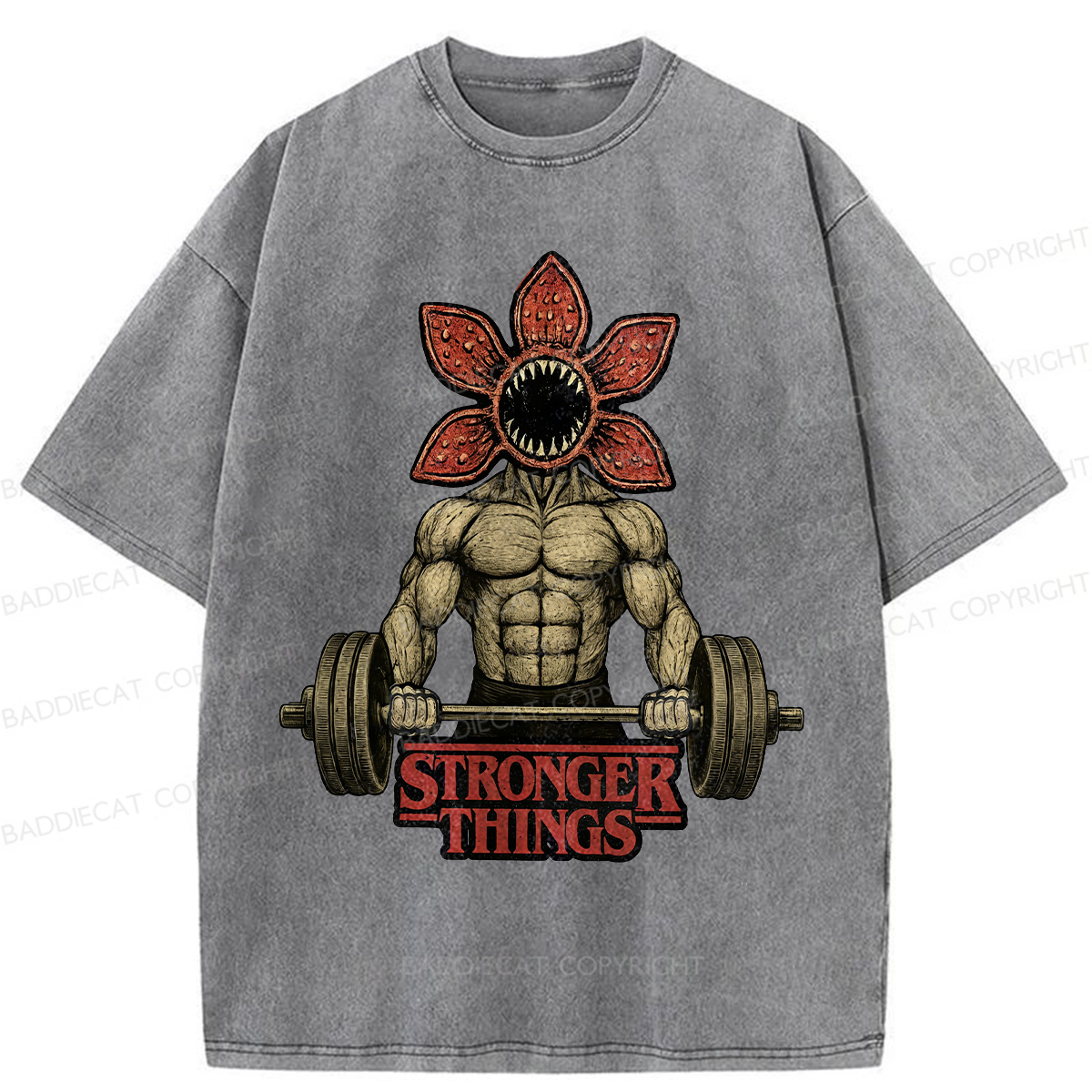 Baddiecat Demogorgon Weightlifting Stronger Things Washed T-shirt