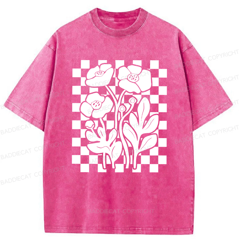 Baddiecat Poppy Checkered Flowers Washed T-shirt