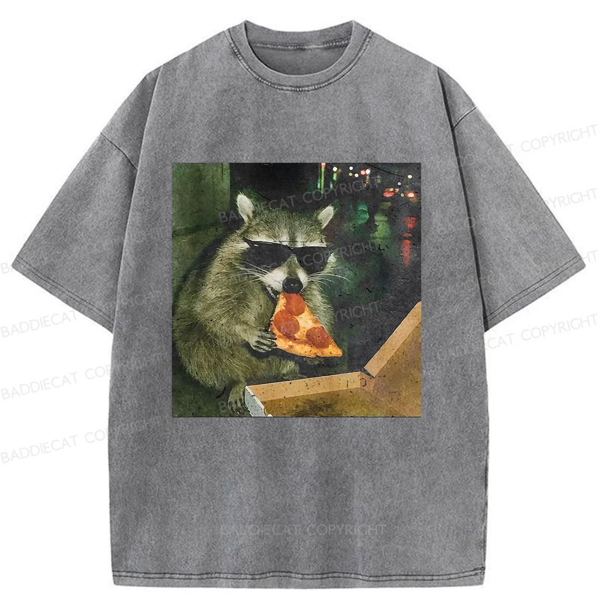 Baddiecat Raccoon Eating Pizza Washed T-shirt