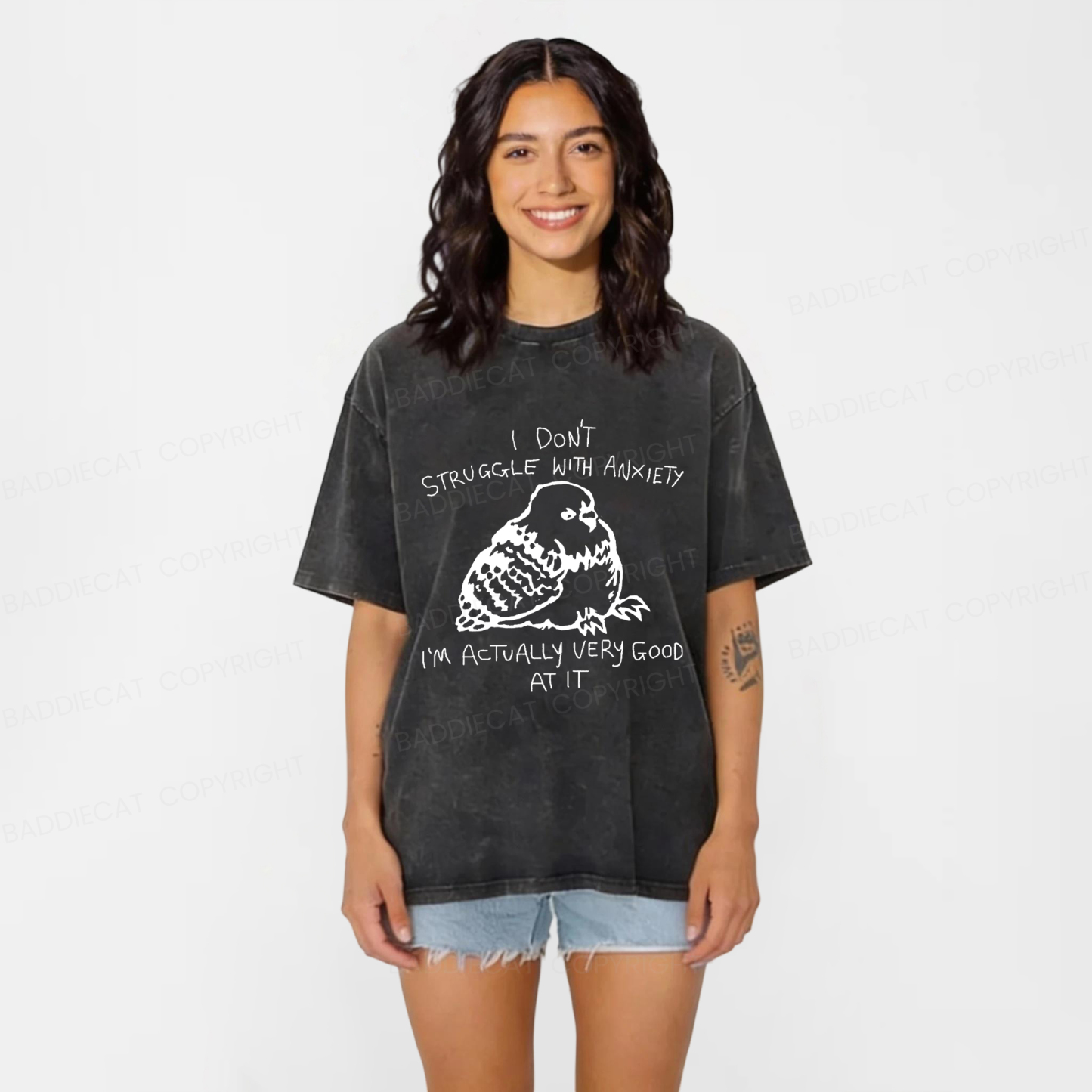 Baddiecat Anxious Pigeons Washed T-shirt