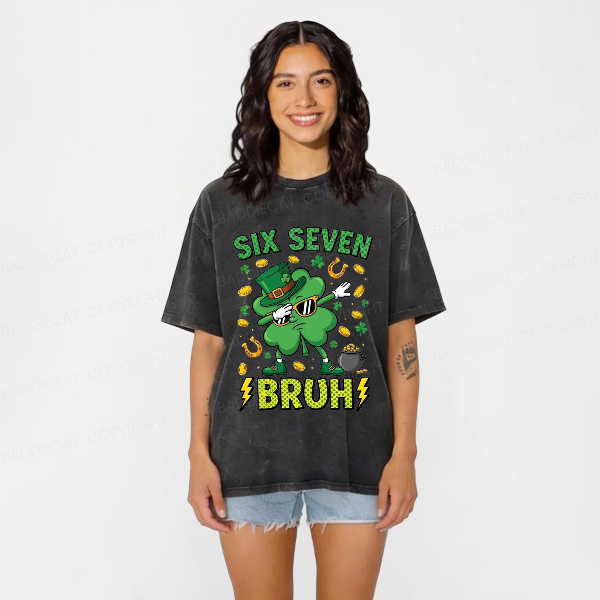 Baddiecat Six Seven Bruh Washed T-shirt