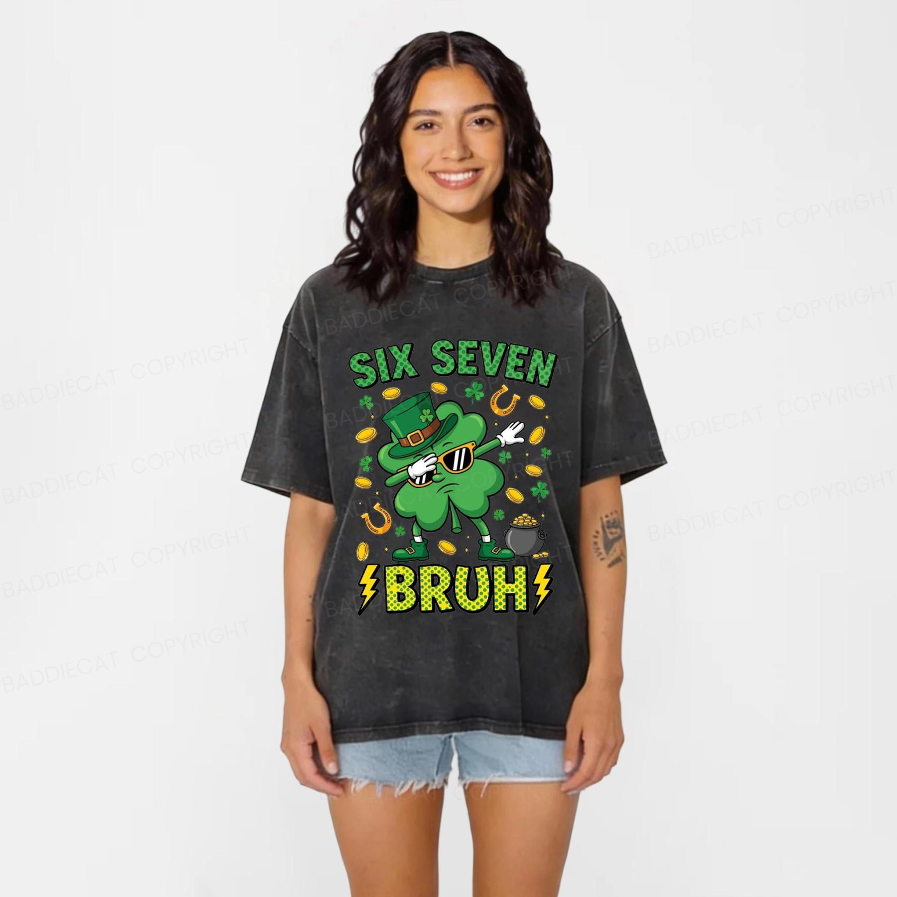 Baddiecat Six Seven Bruh Washed T-shirt