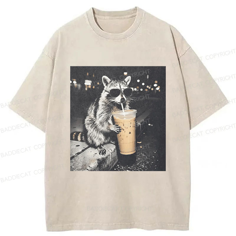 Baddiecat Raccoon Drinking Iced Coffee Washed T-shirt