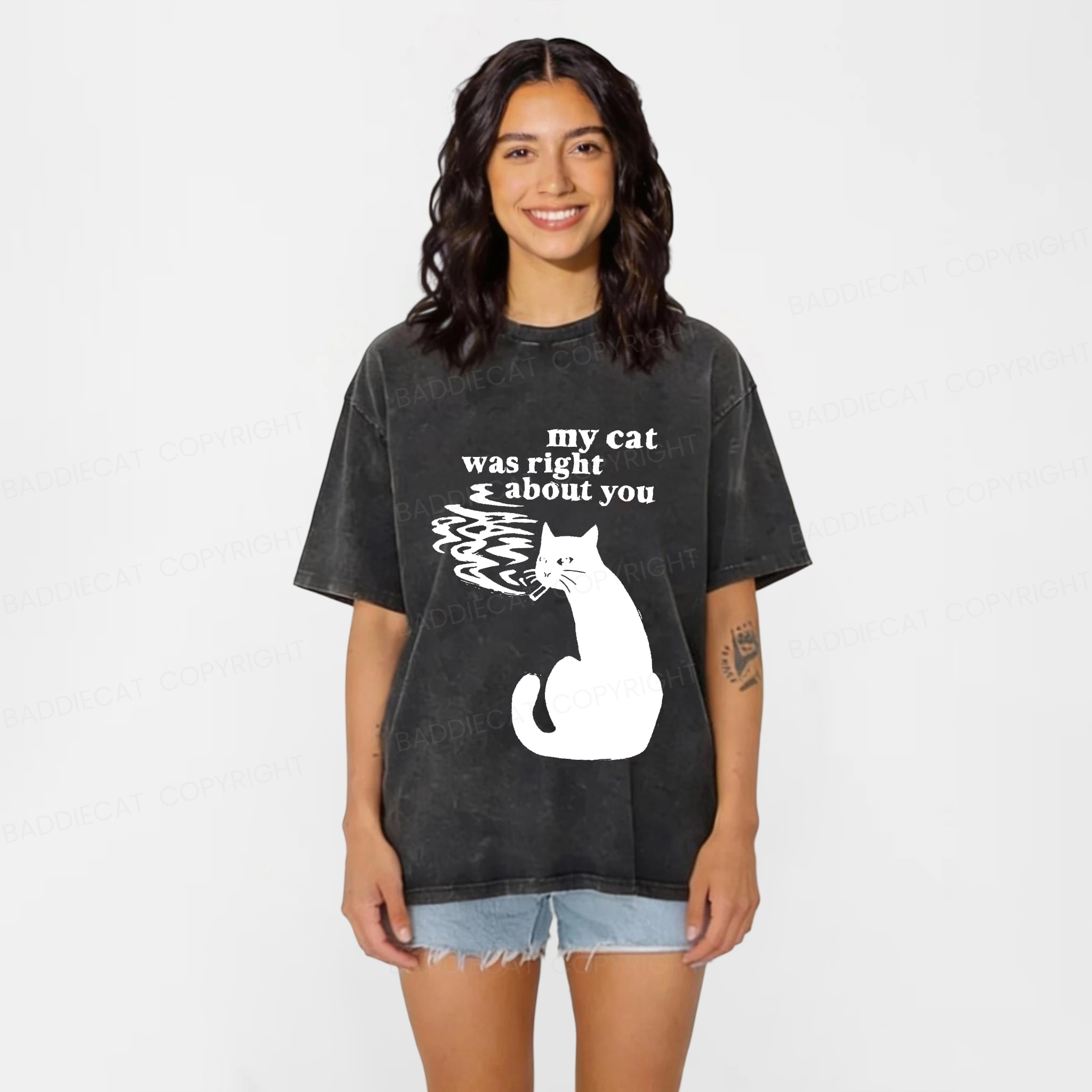 Baddiecat Smoking Black Cat Washed T-shirt