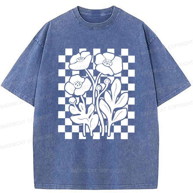 Baddiecat Poppy Checkered Flowers Washed T-shirt