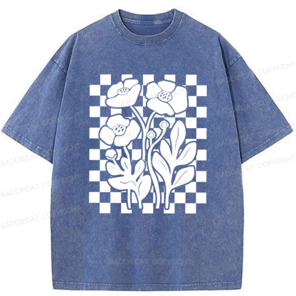 Baddiecat Poppy Checkered Flowers Washed T-shirt