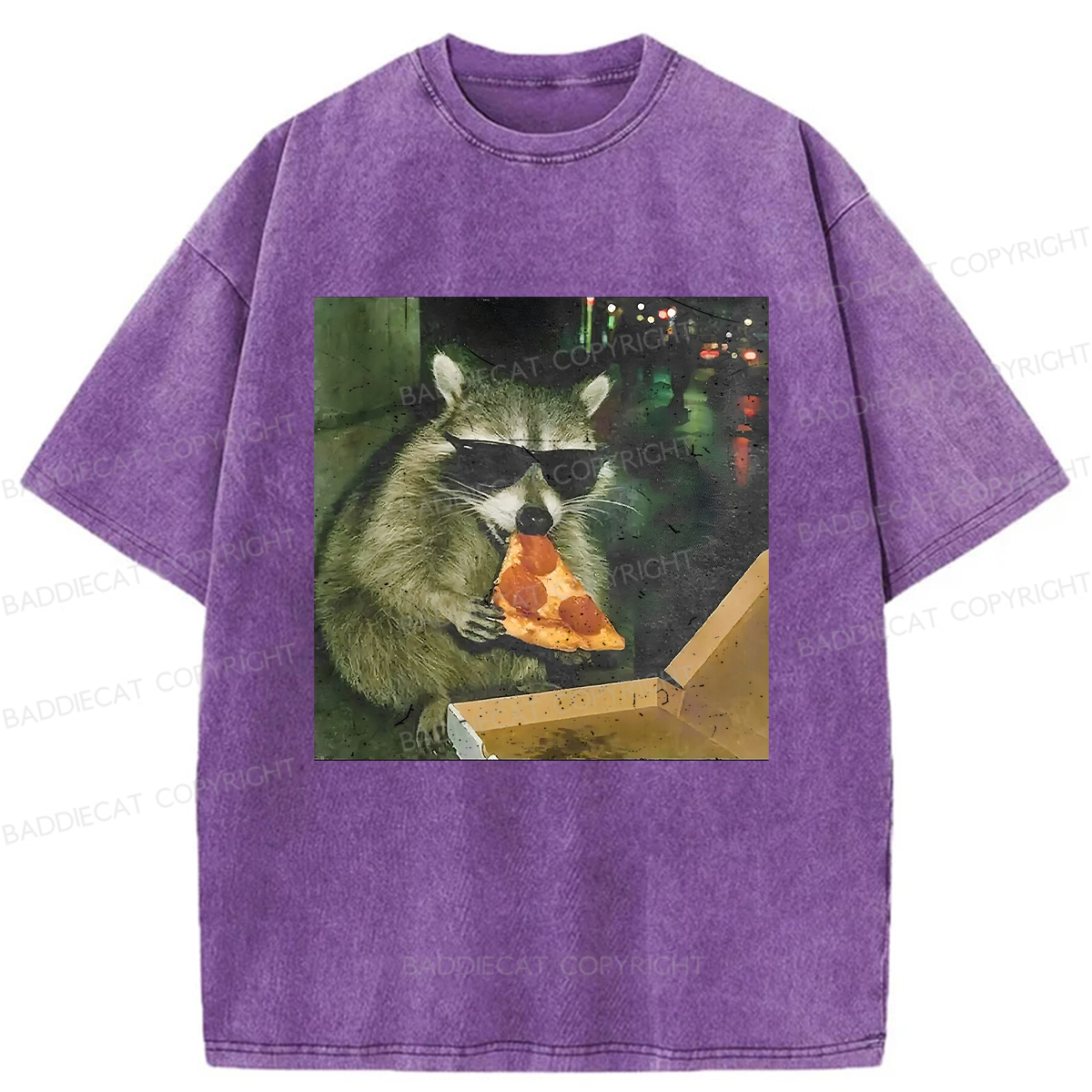 Baddiecat Raccoon Eating Pizza Washed T-shirt