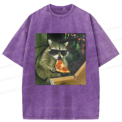 Baddiecat Raccoon Eating Pizza Washed T-shirt
