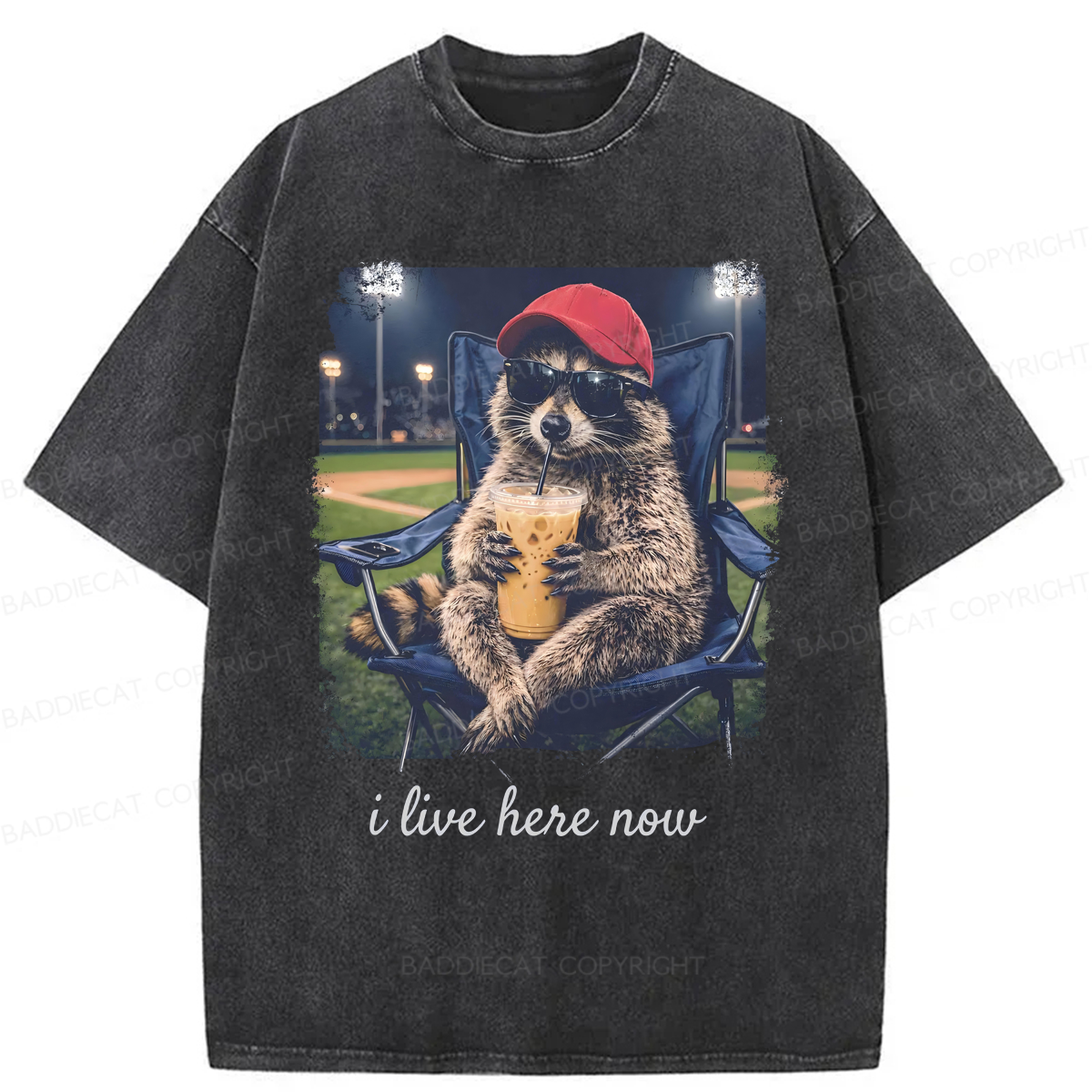 Baddiecat Raccoon I Live Here Now Washed T-shirt