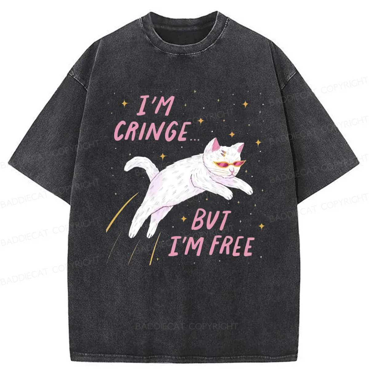 Baddiecat I'm Cringe But I'm Free Funny Cat Washed T-shirt