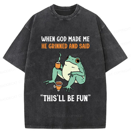 Baddiecat When God Made Me He Grinned Frog Washed T-shirt