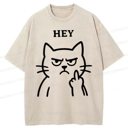 Baddiecat Hey Funny Cat Washed T-shirt