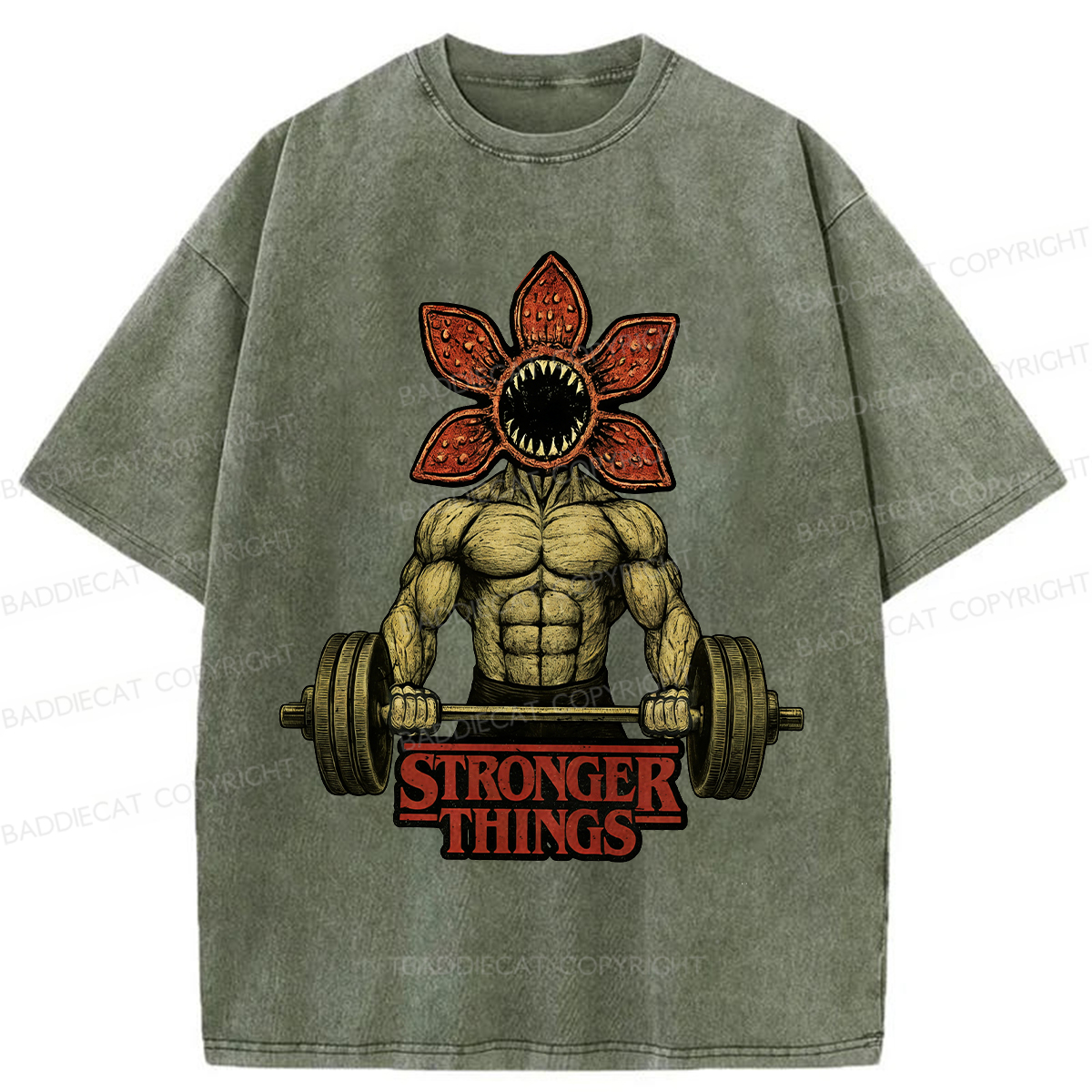 Baddiecat Demogorgon Weightlifting Stronger Things Washed T-shirt