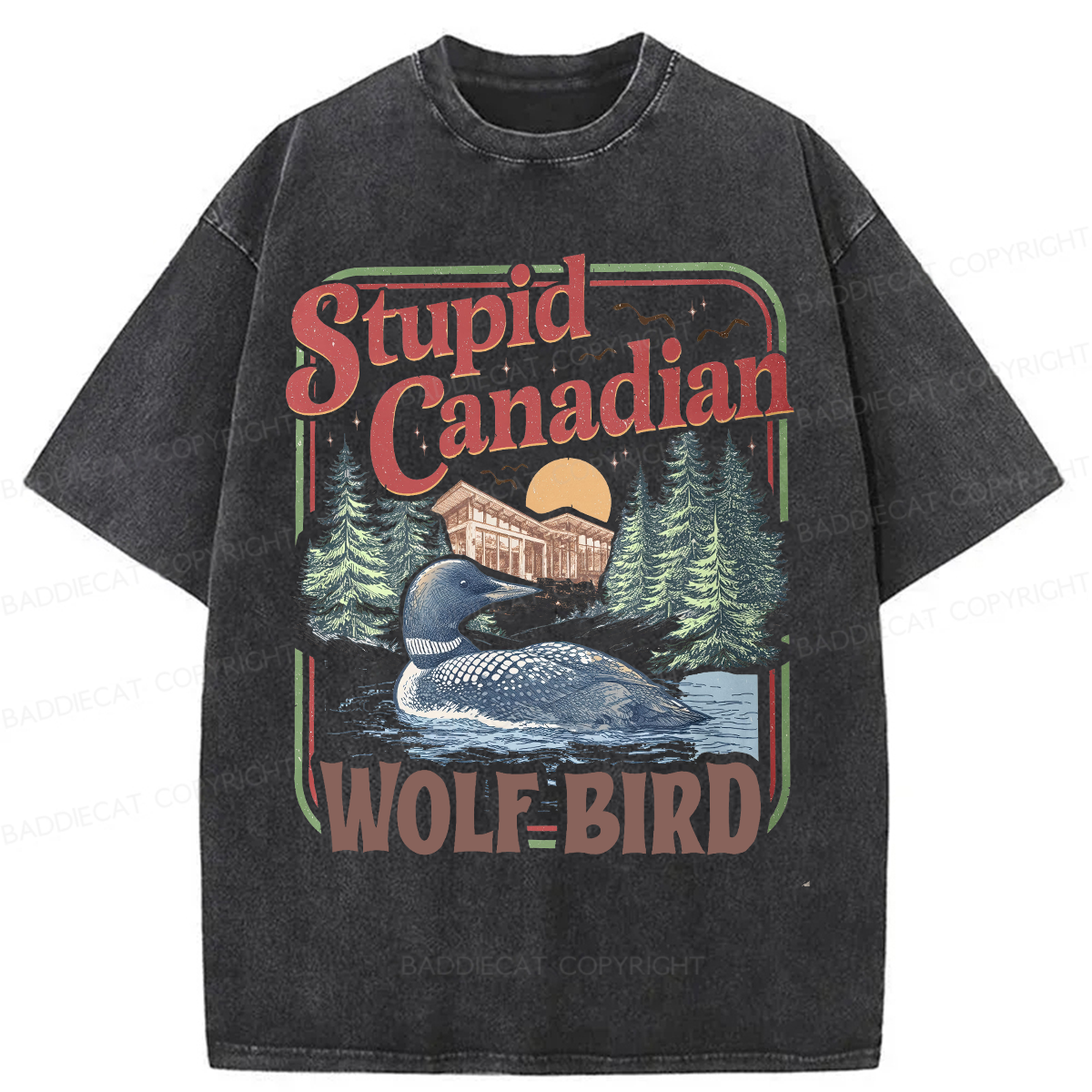 Baddiecat Stupid Canadian Wolf Bird Washed T-shirt