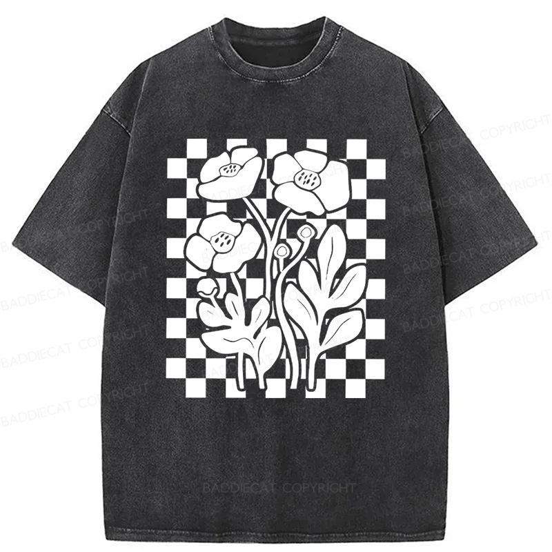 Baddiecat Poppy Checkered Flowers Washed T-shirt