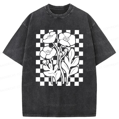 Baddiecat Poppy Checkered Flowers Washed T-shirt