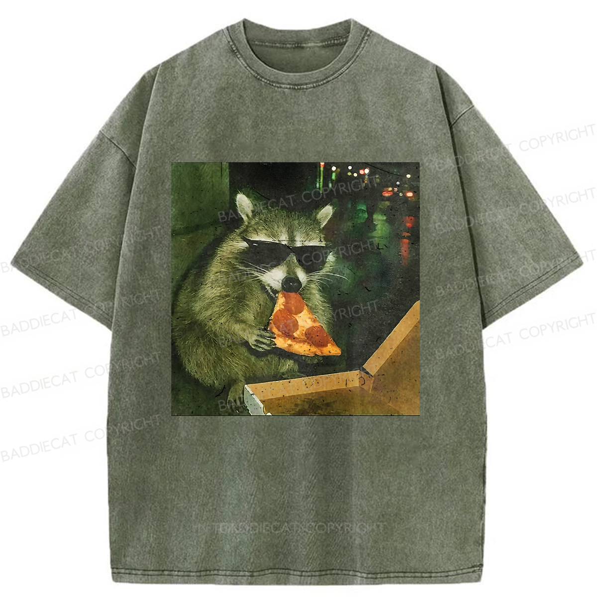 Baddiecat Raccoon Eating Pizza Washed T-shirt