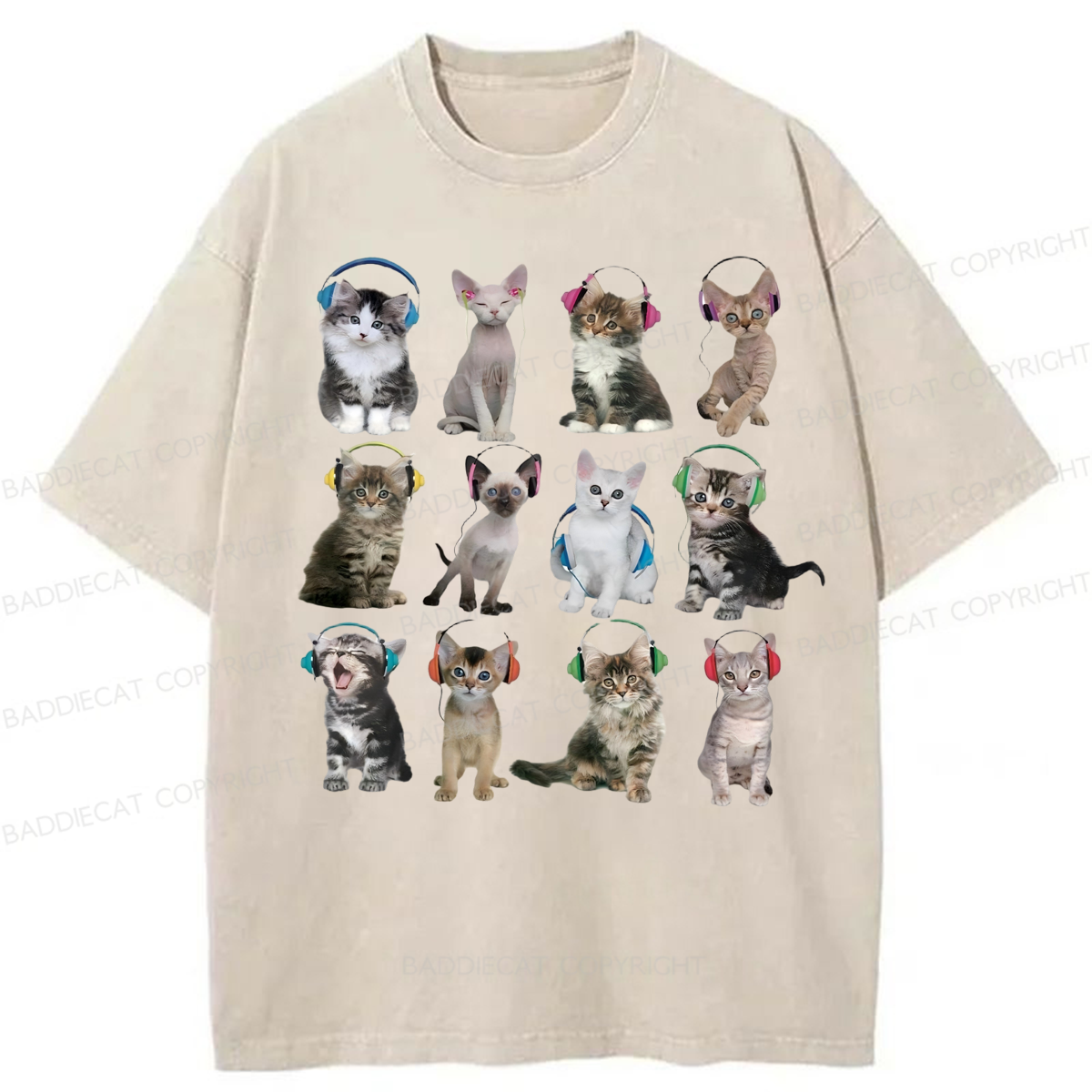 Baddiecat Cats With Headphones Washed T-shirt