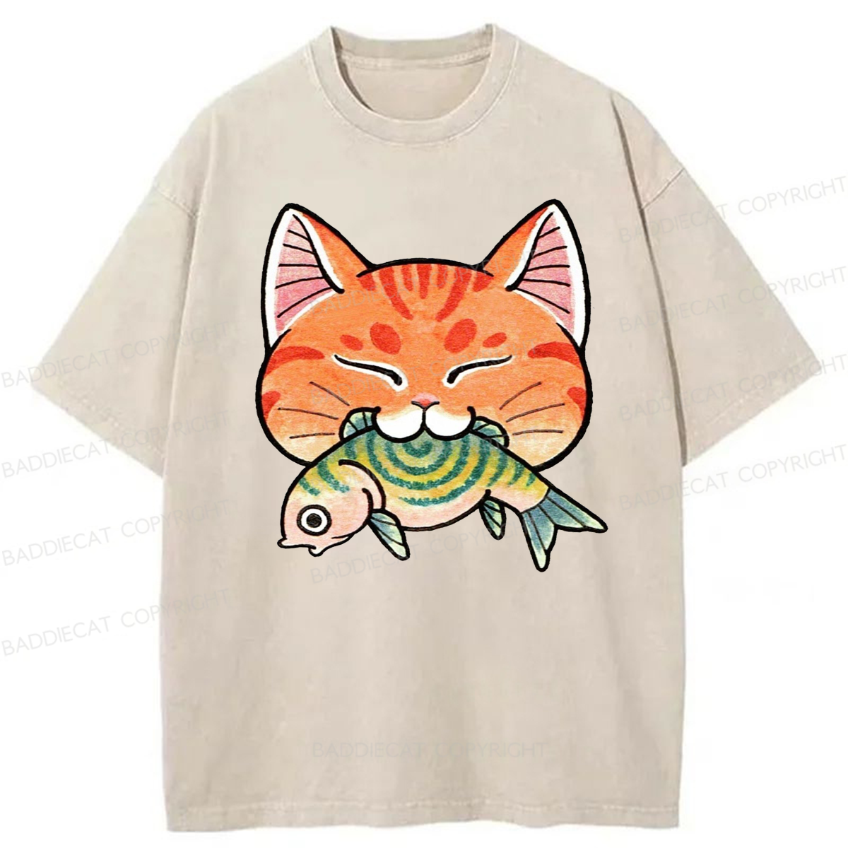 Baddiecat Japanese Cat Eating Washed T-shirt