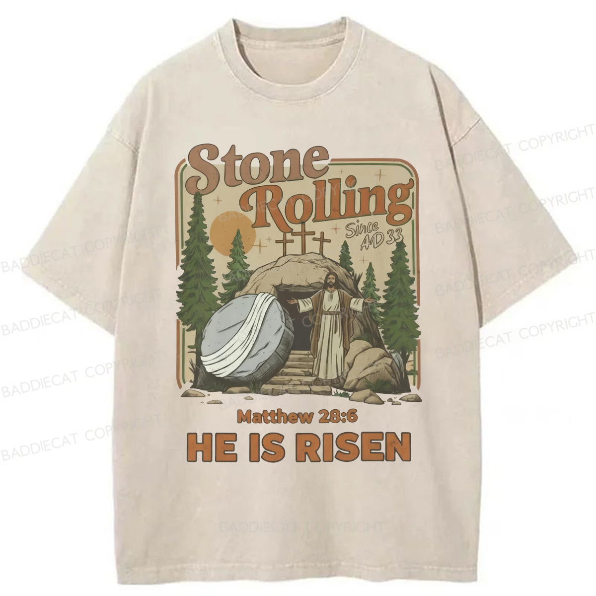 Baddiecat He Is Risen Easter Washed T-shirt