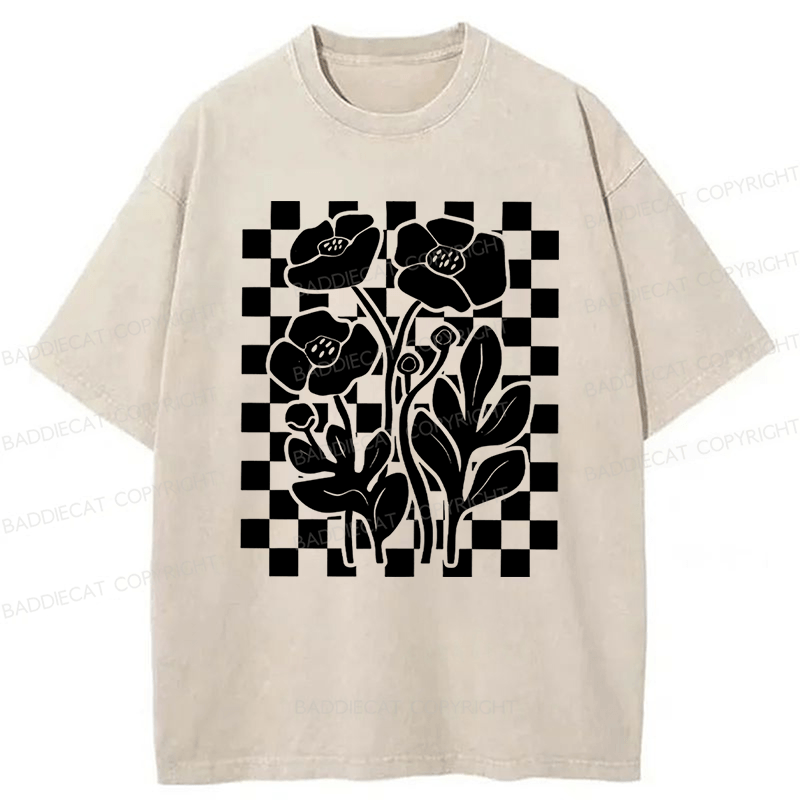 Baddiecat Poppy Checkered Flowers Washed T-shirt