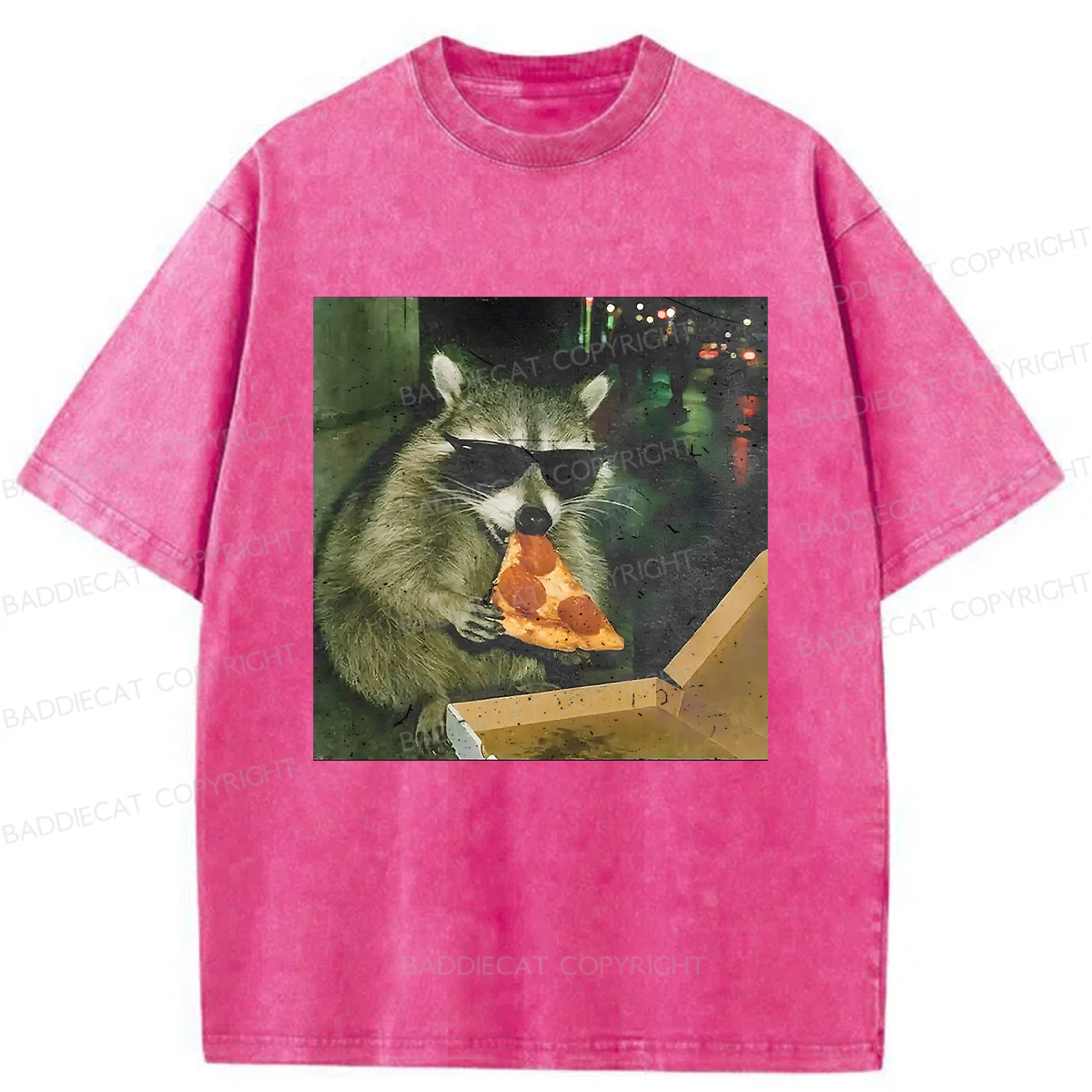 Baddiecat Raccoon Eating Pizza Washed T-shirt