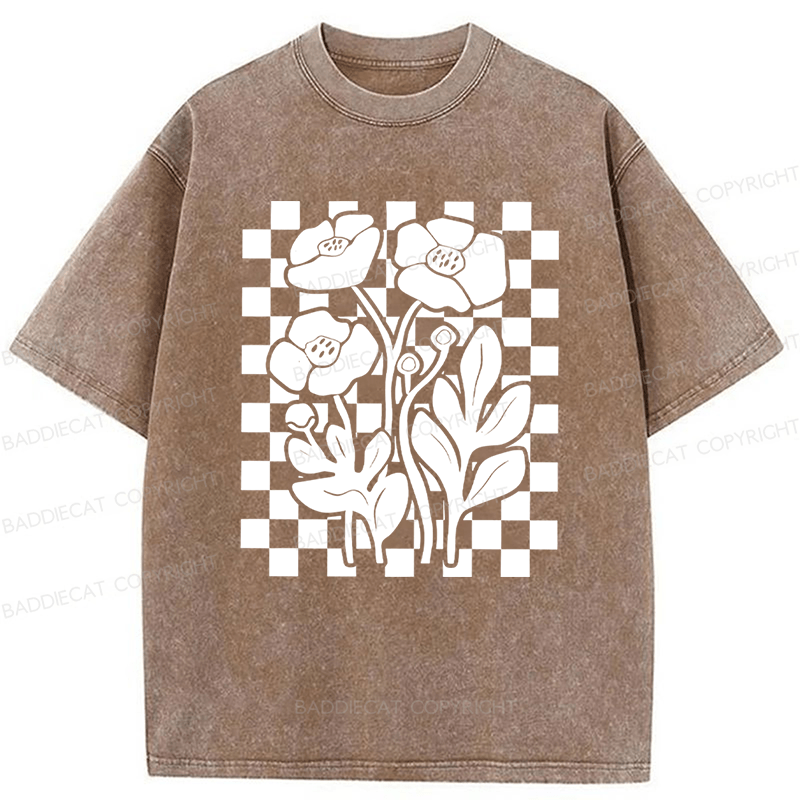 Baddiecat Poppy Checkered Flowers Washed T-shirt
