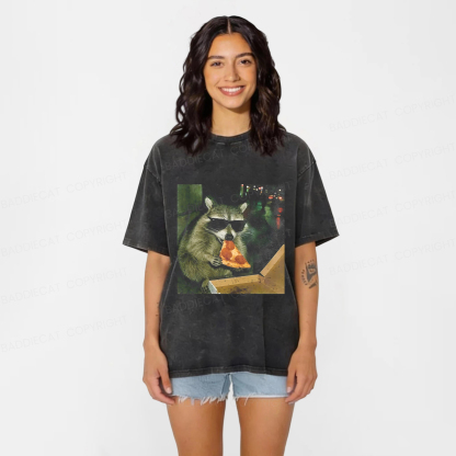 Baddiecat Raccoon Eating Pizza Washed T-shirt