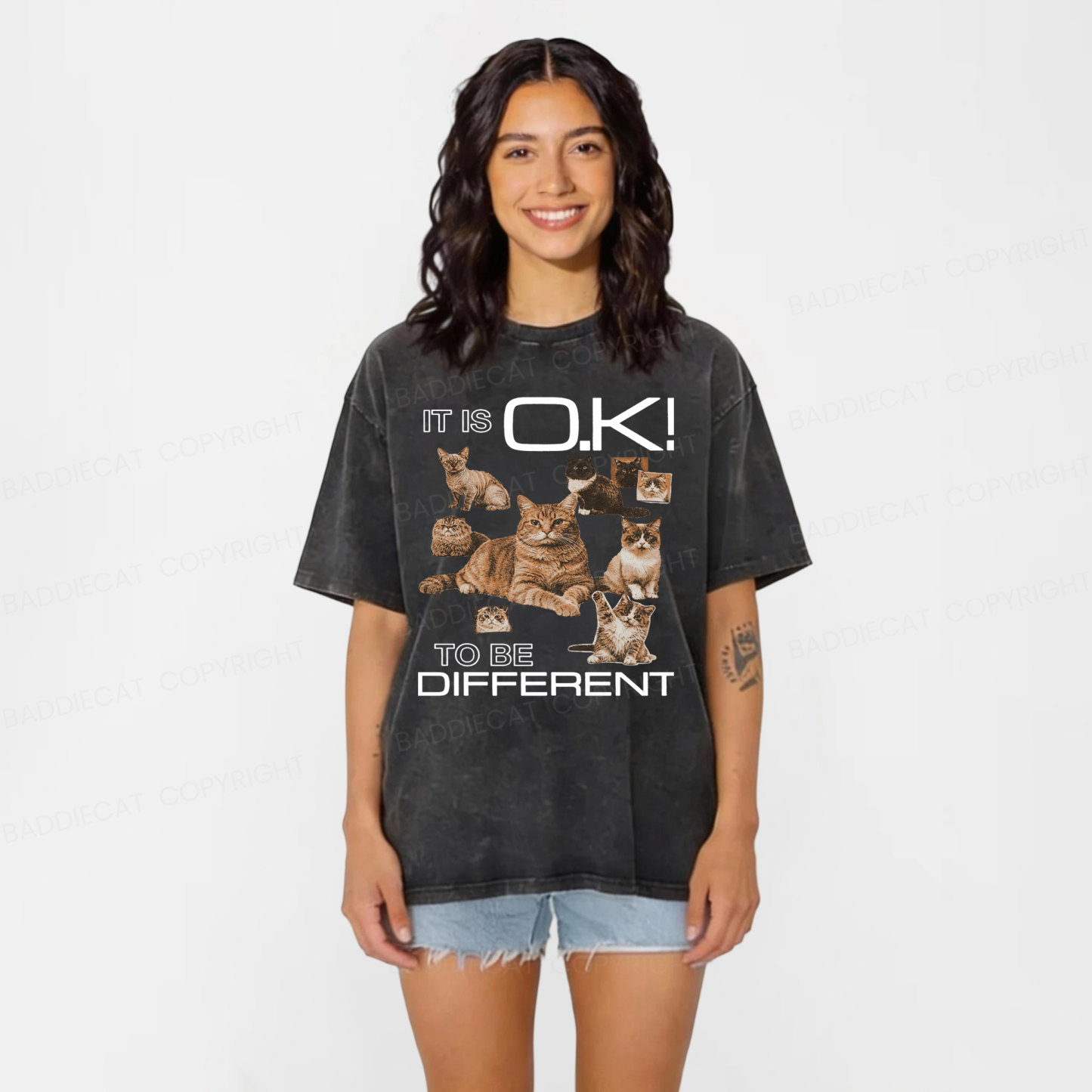 Baddiecat Cat It's Ok To Be Different Washed T-shirt