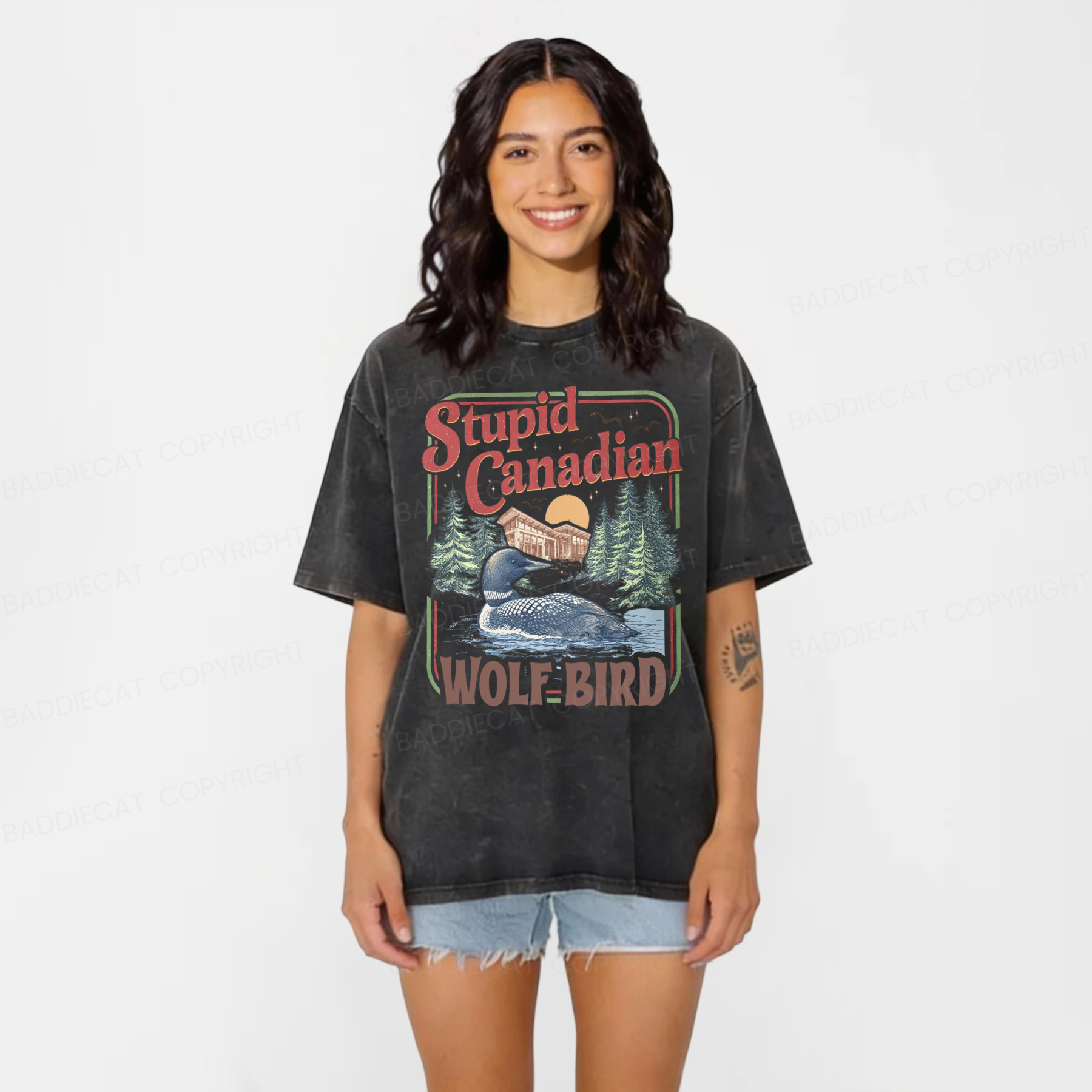 Baddiecat Stupid Canadian Wolf Bird Washed T-shirt