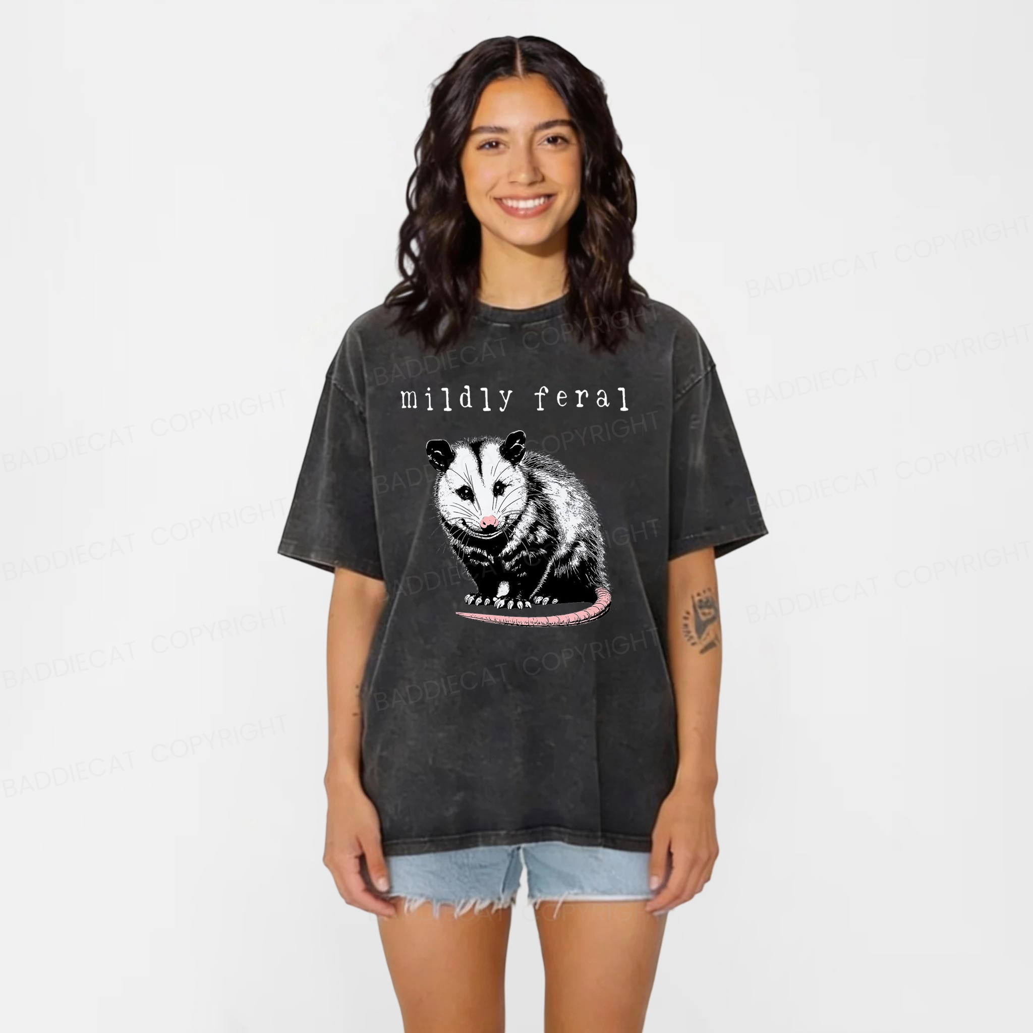 Baddiecat Opossum Mildly Feral Washed T-shirt
