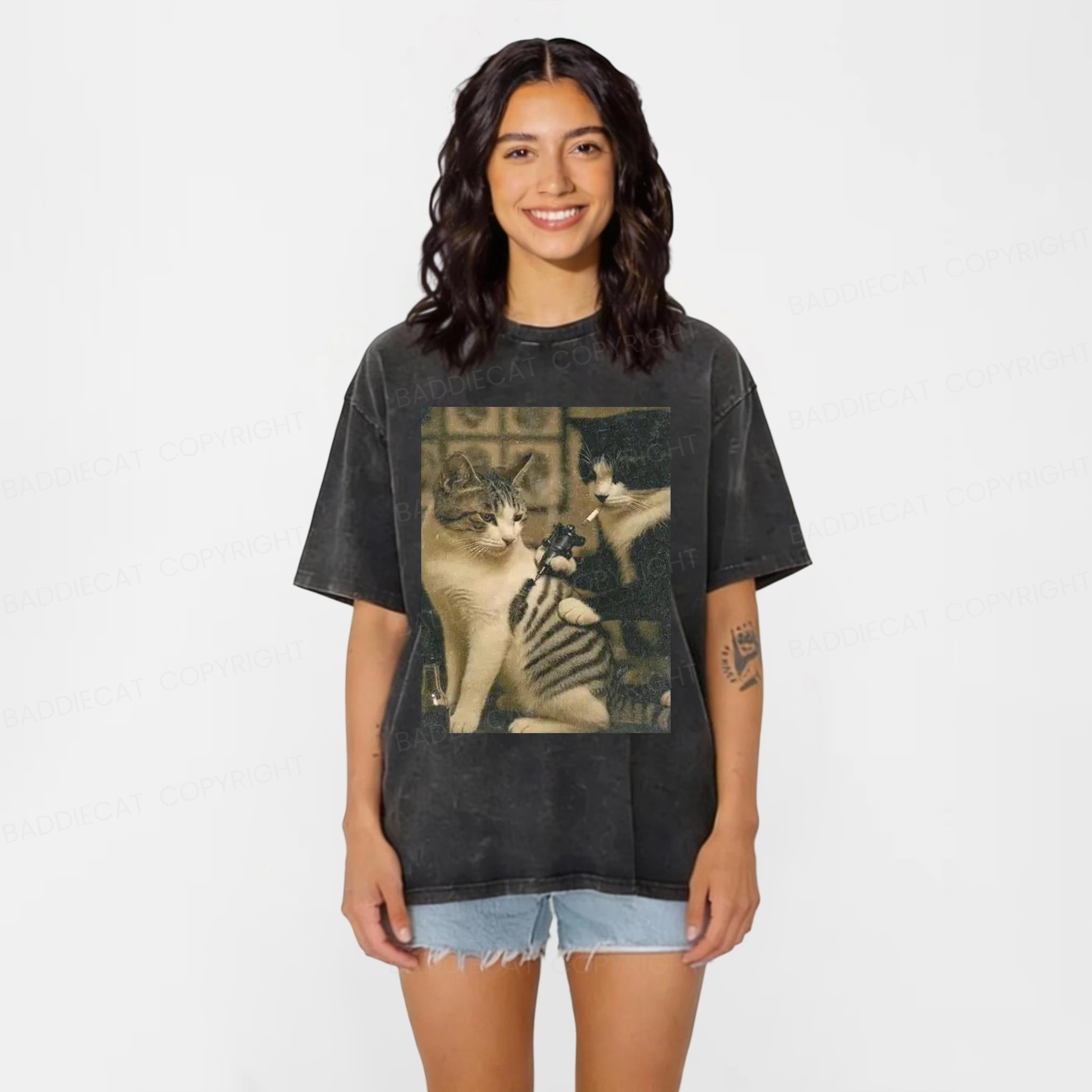 Baddiecat Tattoo Cats Washed T-shirt