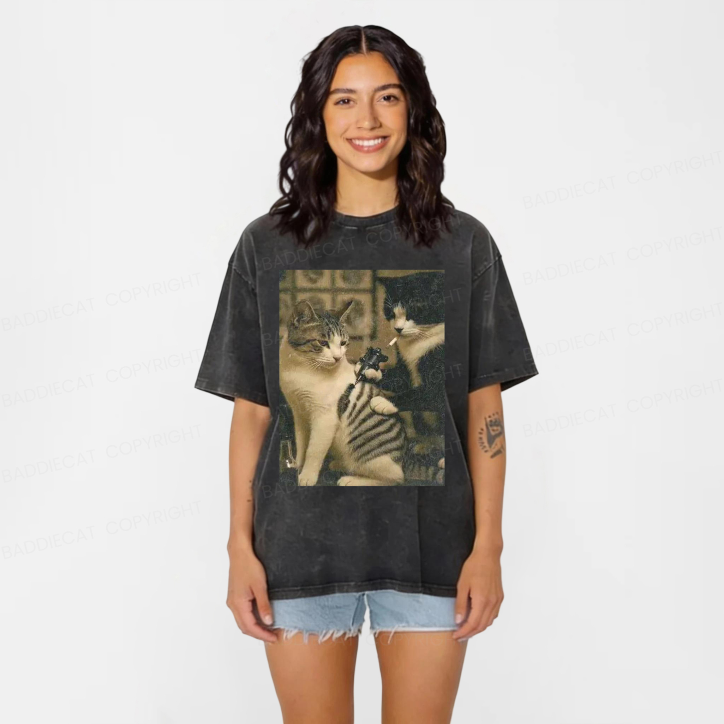 Baddiecat Tattoo Cats Washed T-shirt