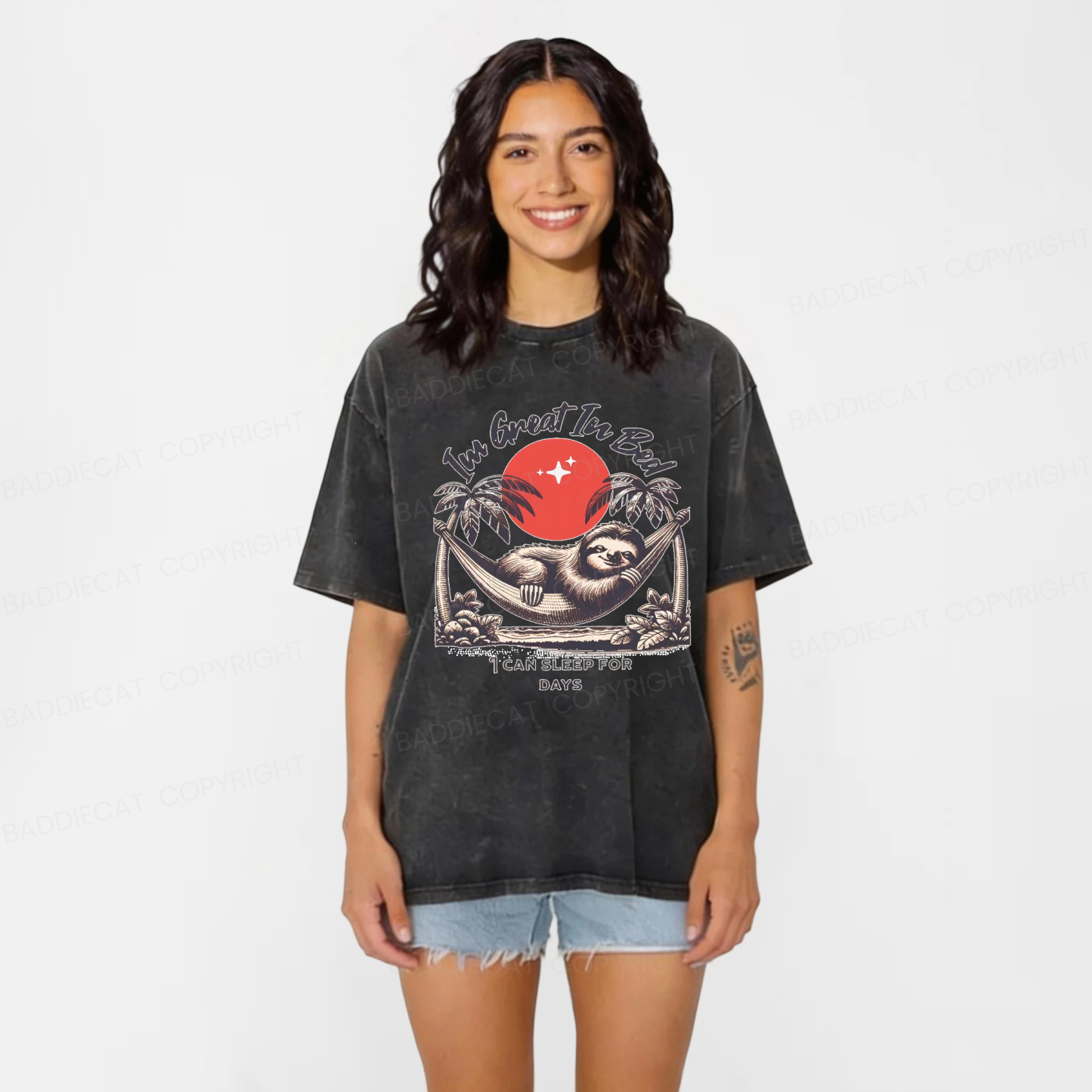 Baddiecat Funny Sloth I'm Great In Bed Washed T-shirt
