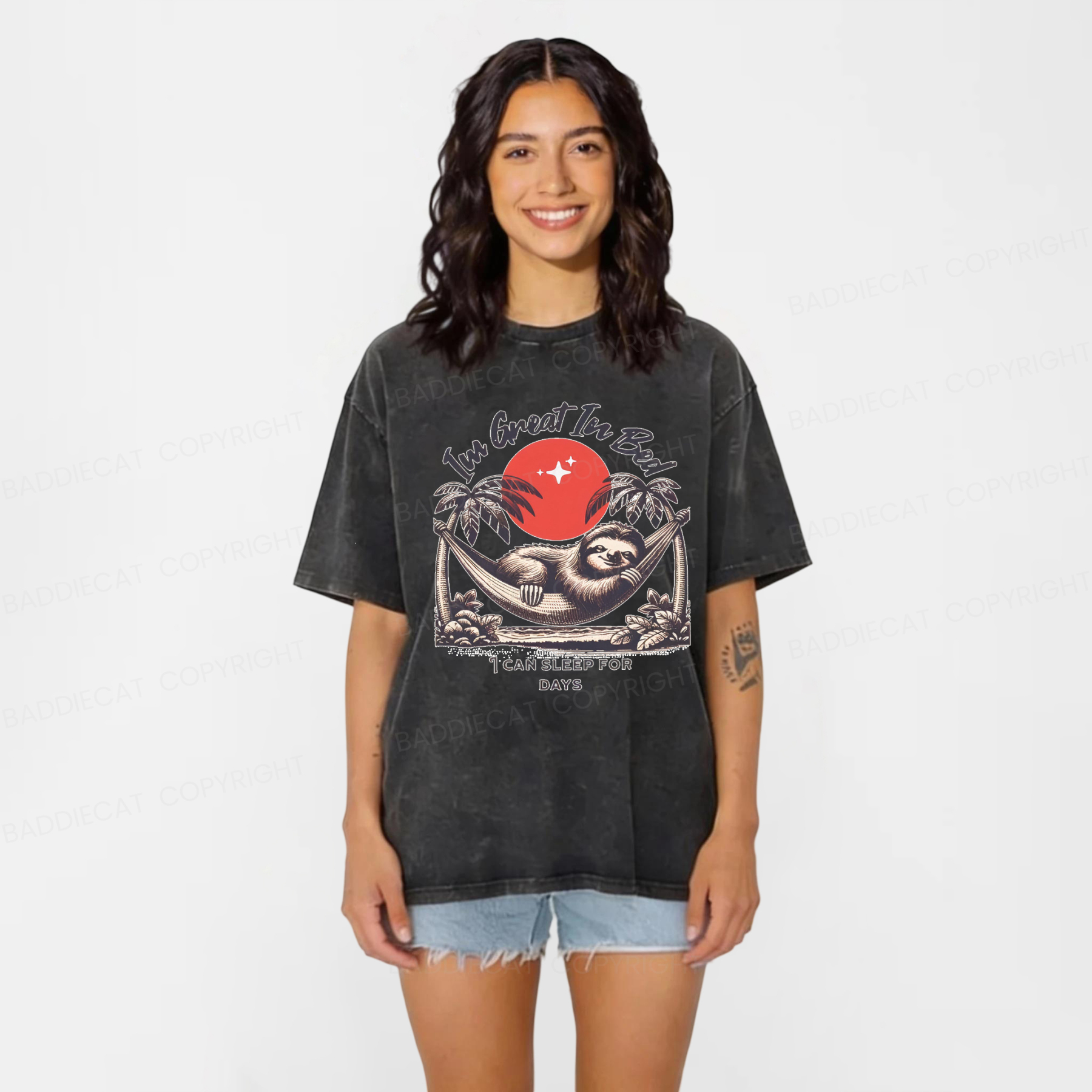 Baddiecat Funny Sloth I'm Great In Bed Washed T-shirt