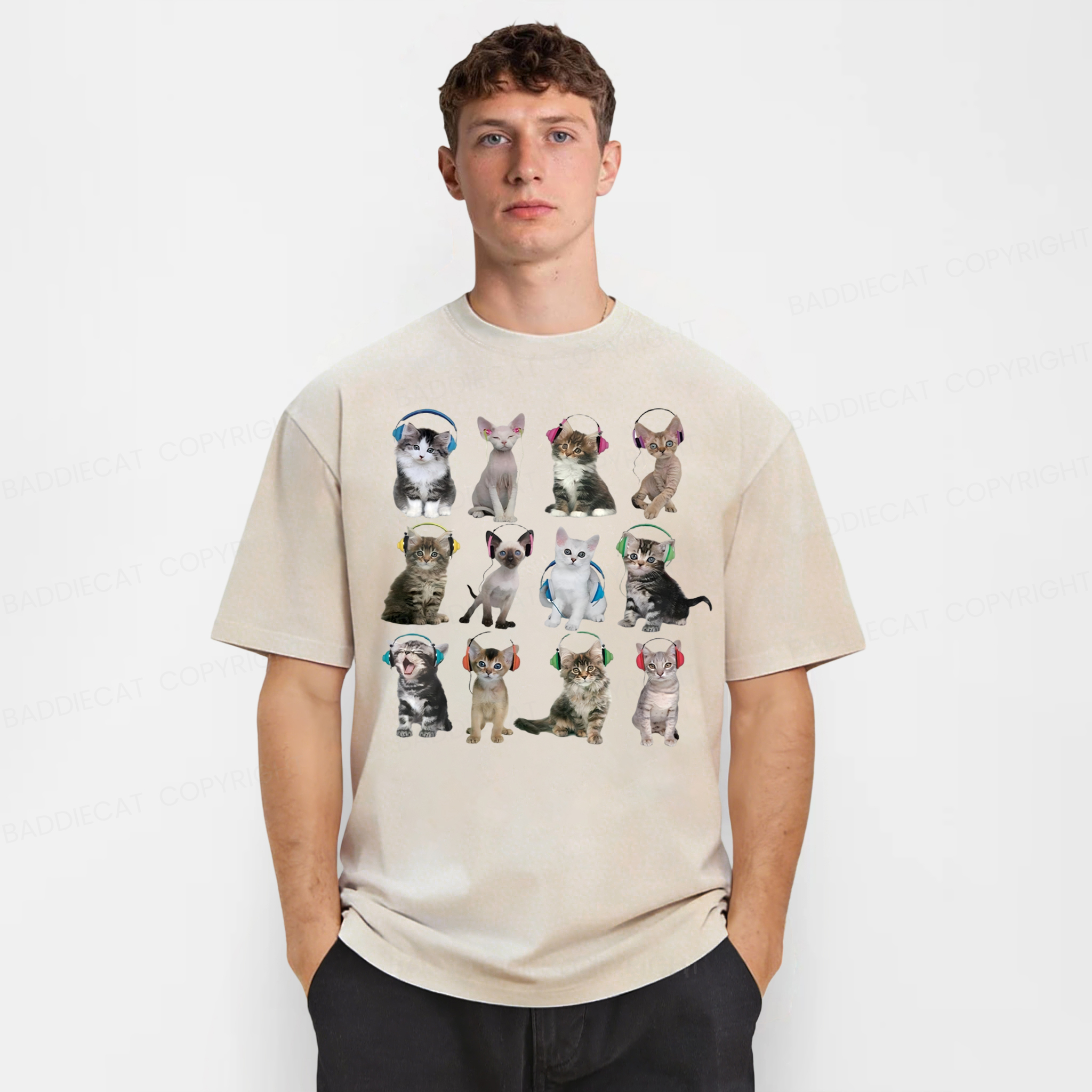 Baddiecat Cats With Headphones Washed T-shirt