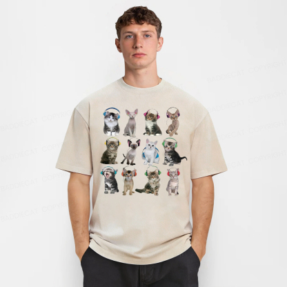 Baddiecat Cats With Headphones Washed T-shirt