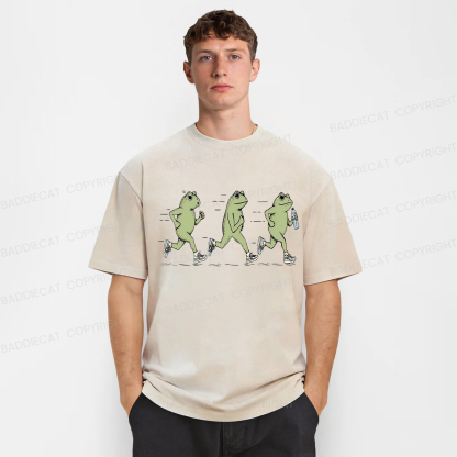 Baddiecat Funny Jogging Frogs Washed T-shirt