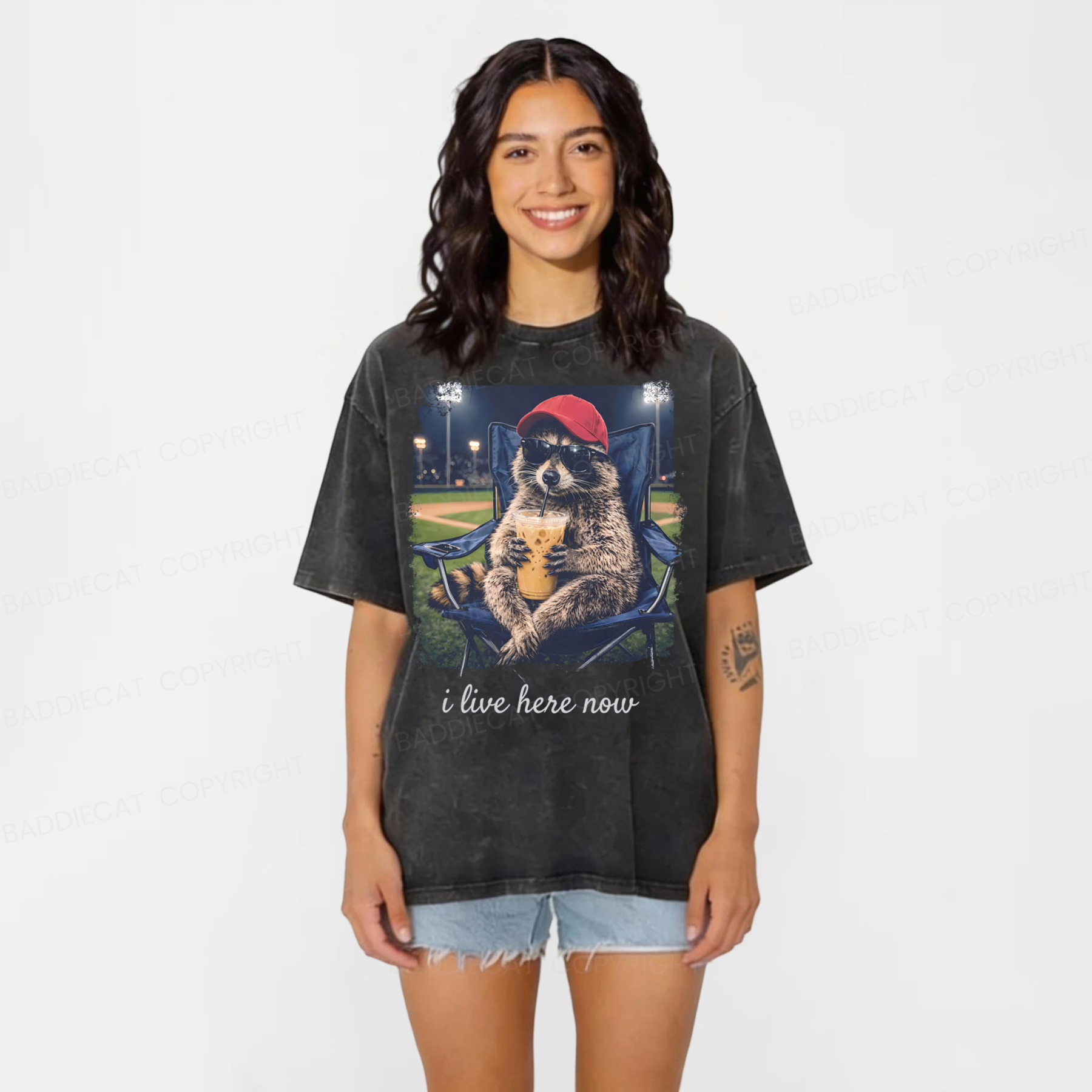 Baddiecat Raccoon I Live Here Now Washed T-shirt