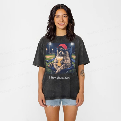 Baddiecat Raccoon I Live Here Now Washed T-shirt