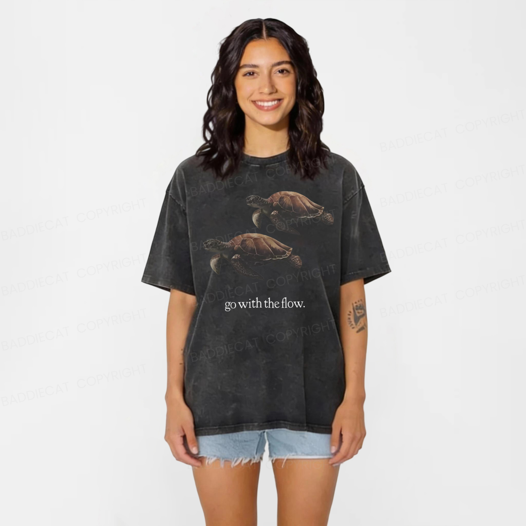 Baddiecat Turtle Go With The Flow Washed T-shirt
