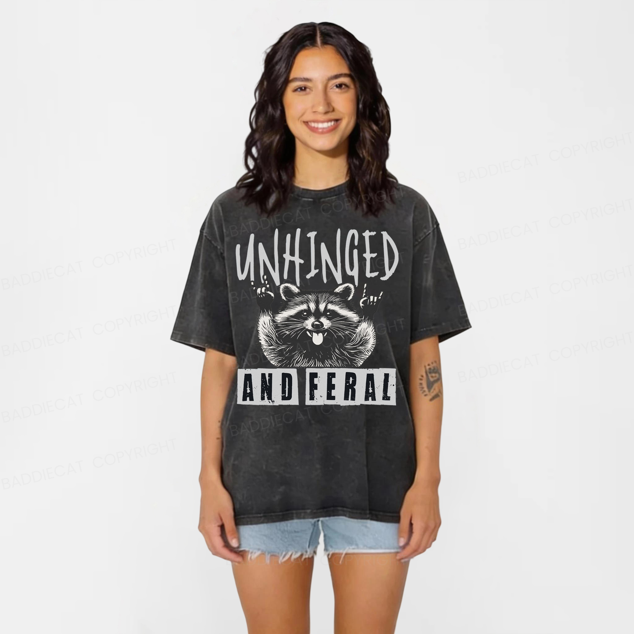 Baddiecat Unhinged Feral Raccoon Washed T-shirt