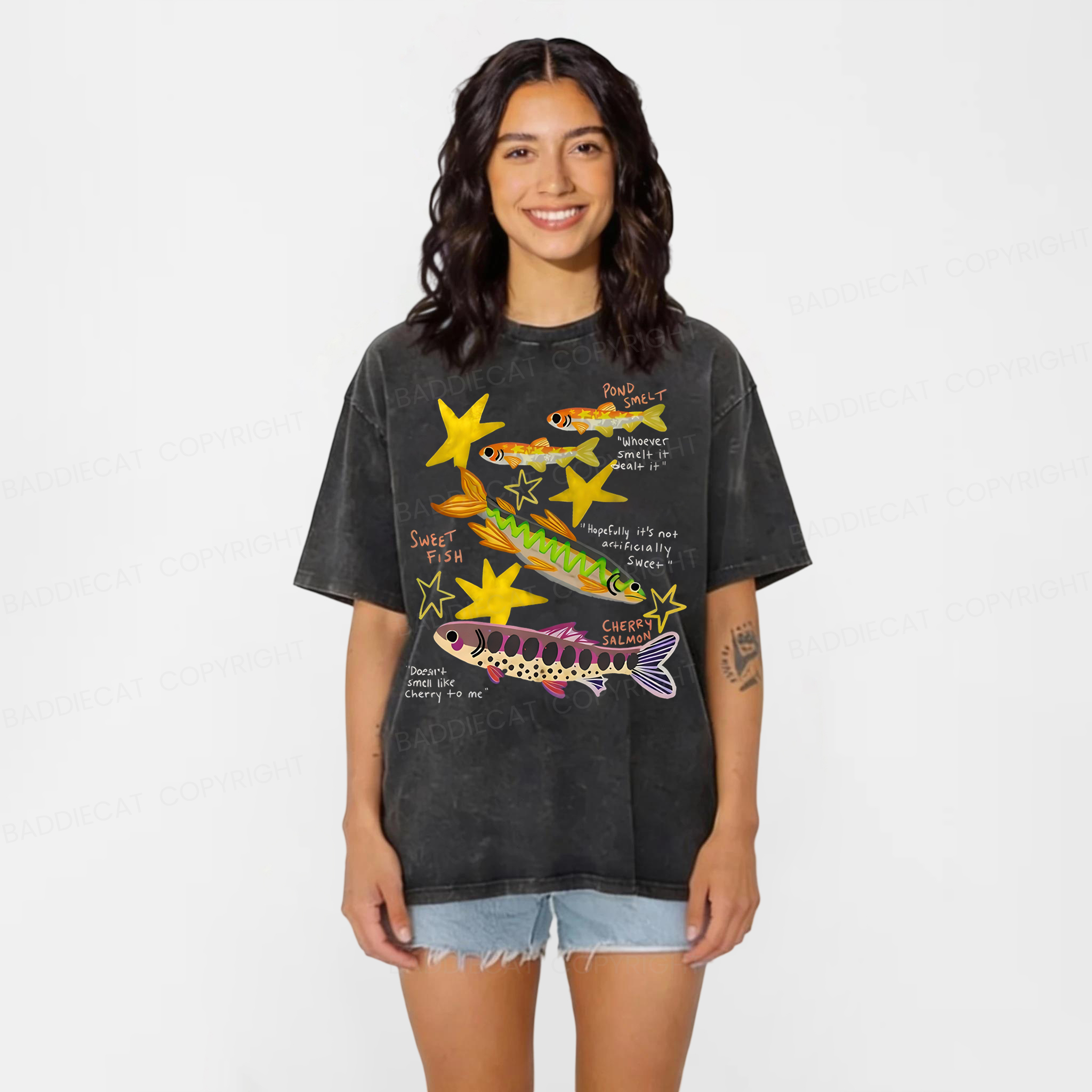 Baddiecat Funny Fish Washed T-shirt