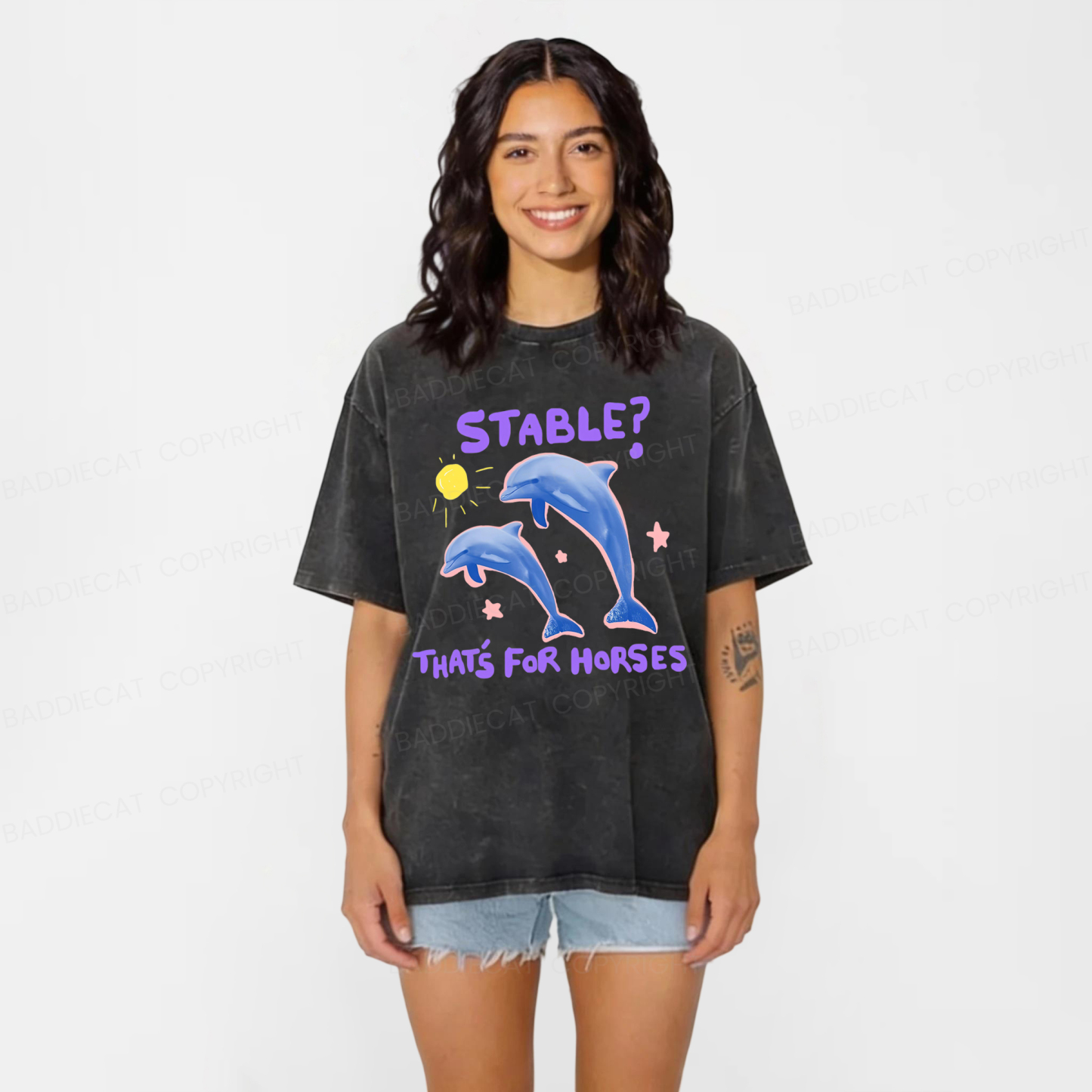 Baddiecat Funny Dolphin Washed T-shirt