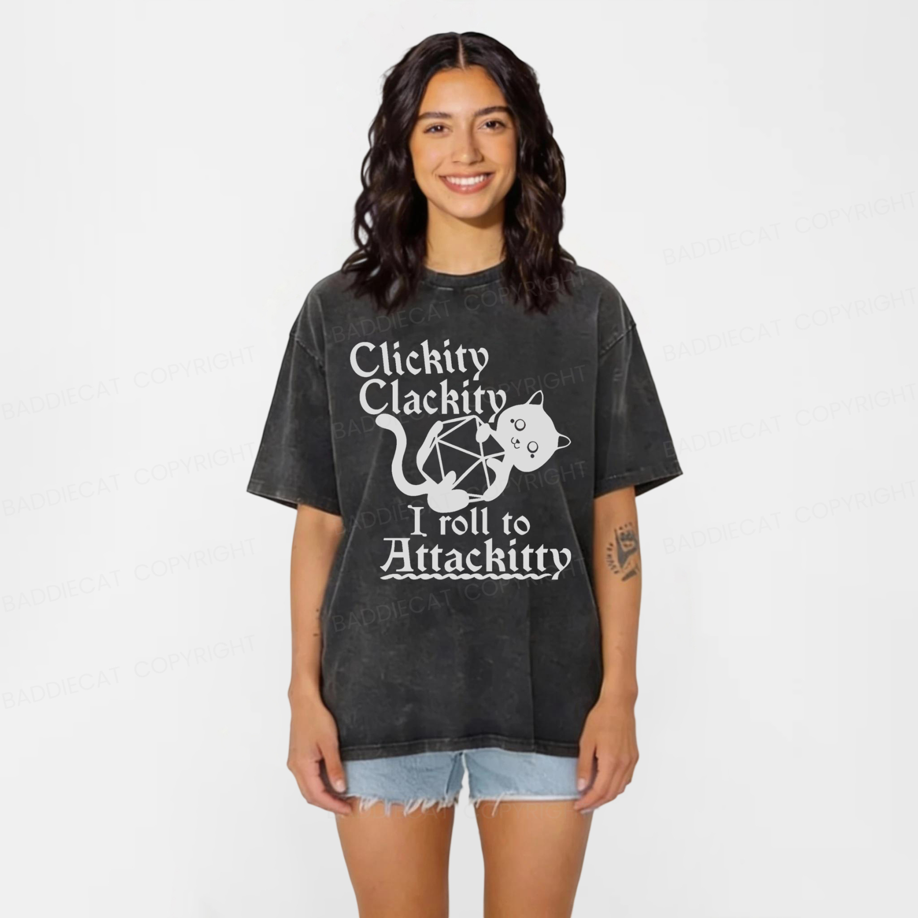 Baddiecat Clickity Clackity I Roll To Attackitty Washed T-shirt