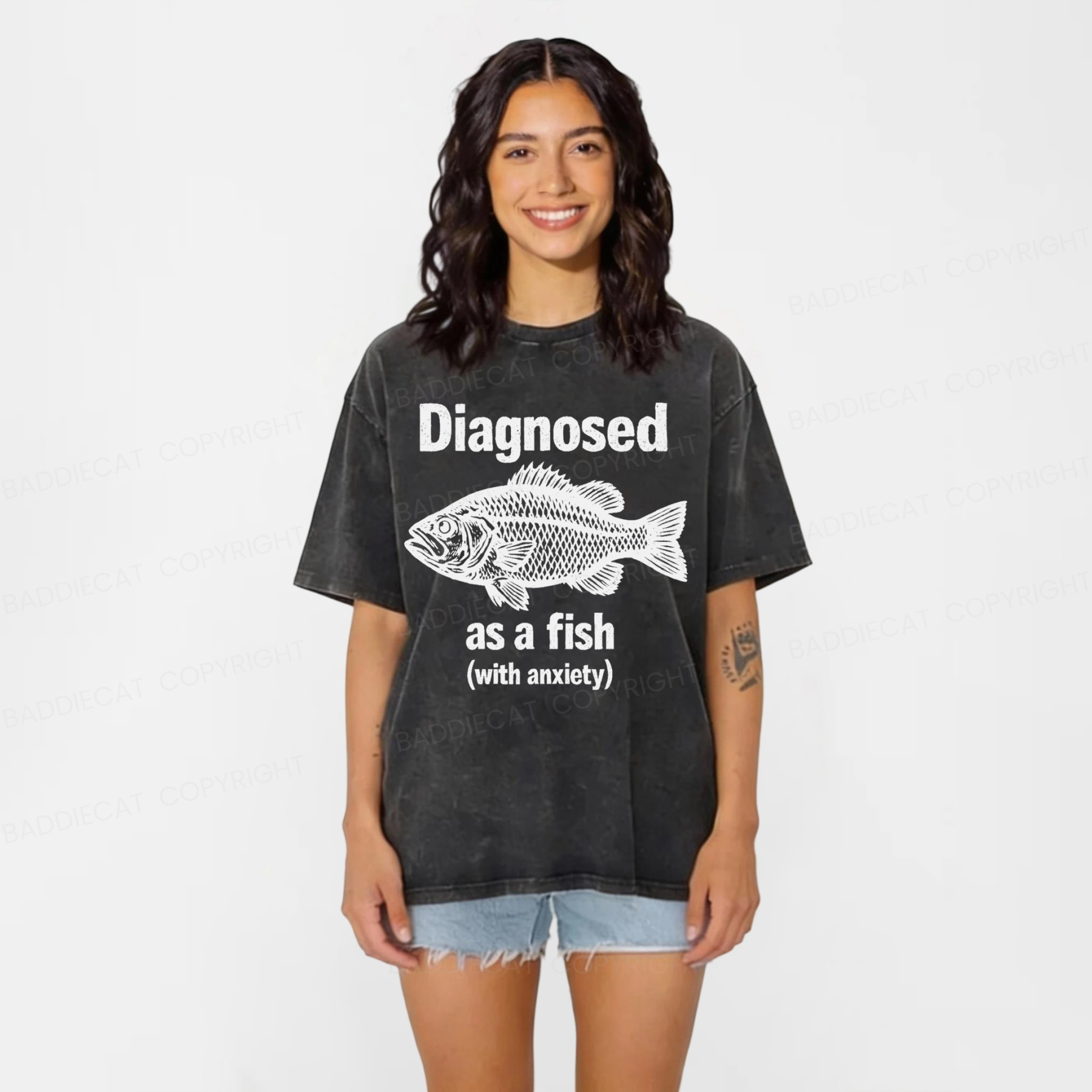 Baddiecat Diagnosed As A Fish With Anxiety Washed T-shirt