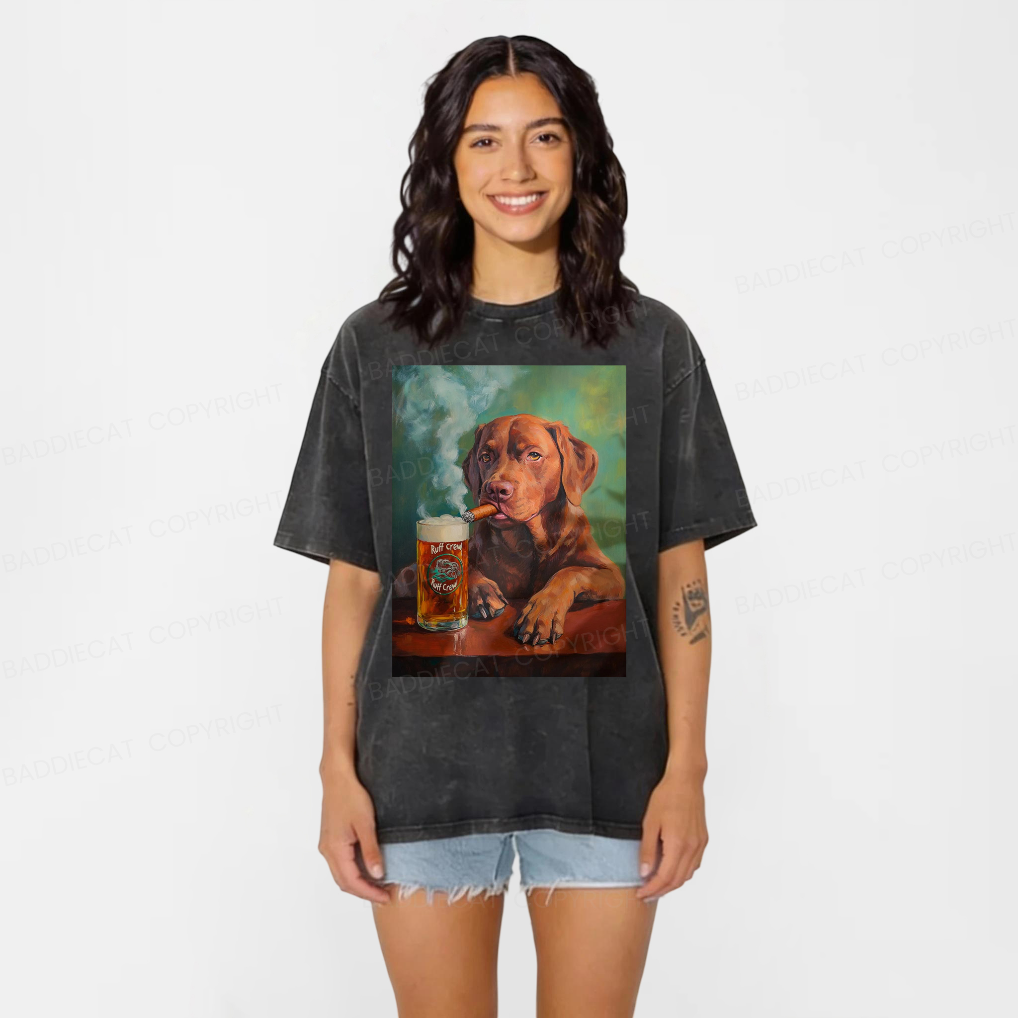 Baddiecat Funny Dog Beer Washed T-shirt