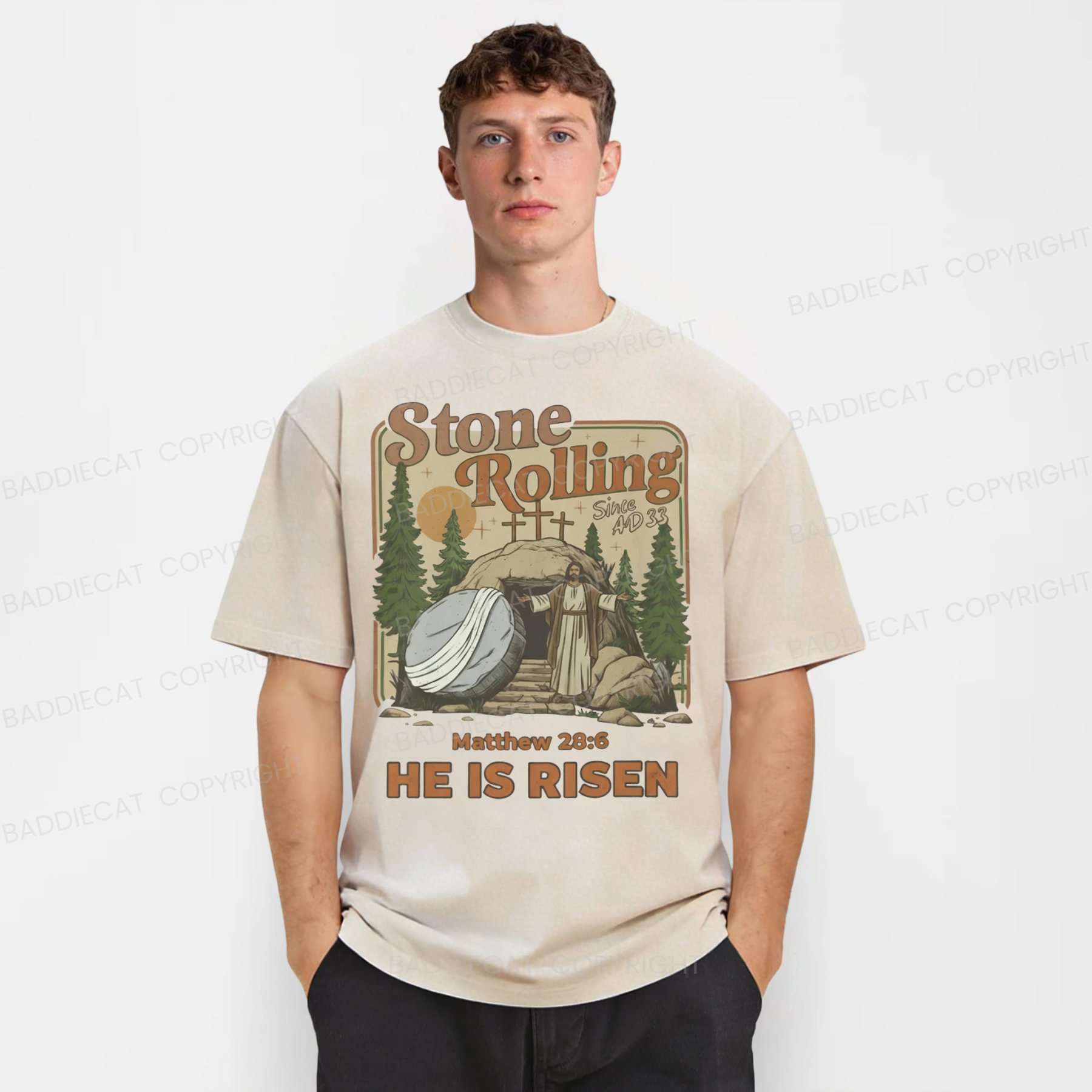 Baddiecat He Is Risen Easter Washed T-shirt