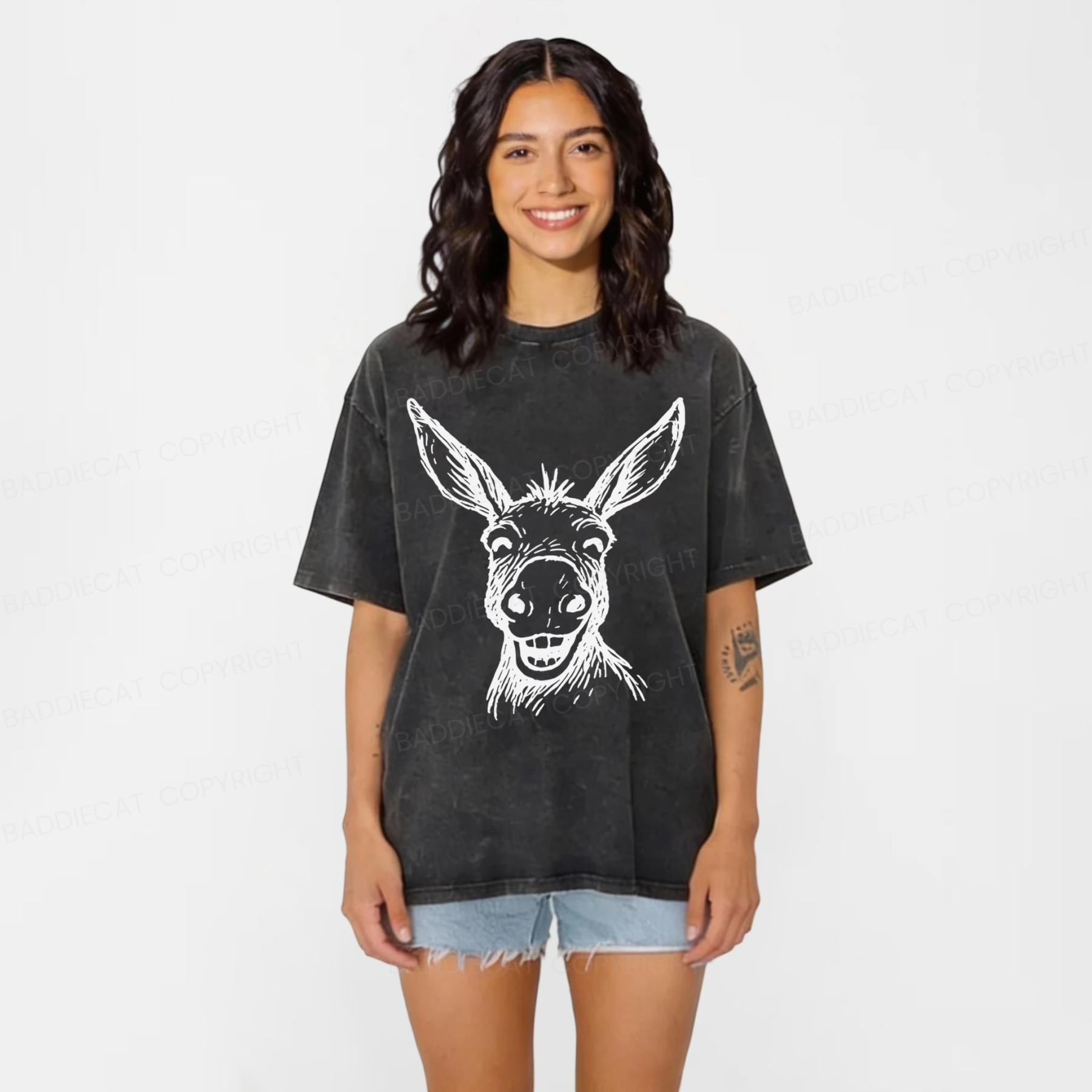 Baddiecat Funny Smiling Donkey Face Washed T-shirt