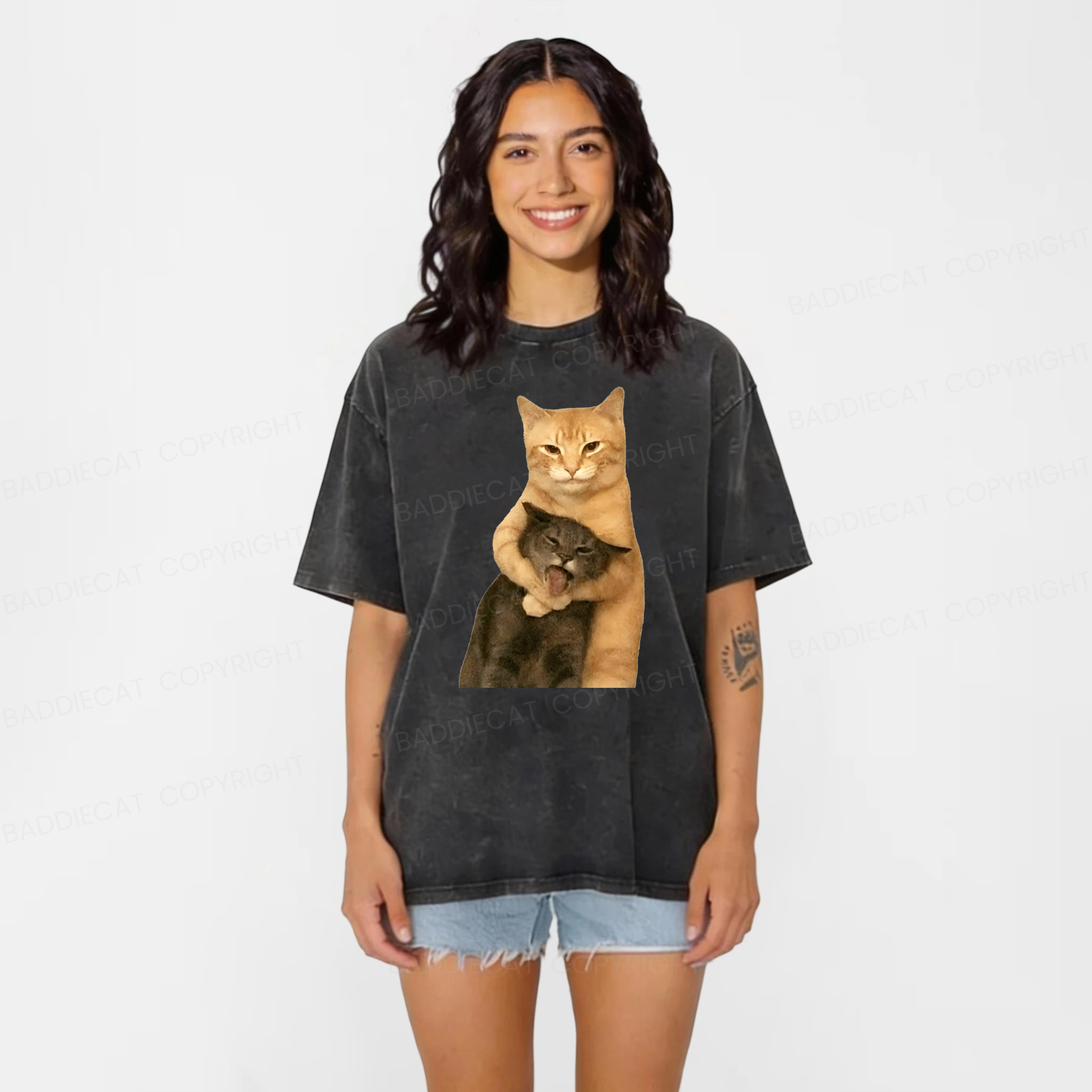 Baddiecat Funny Cat Brothers Washed T-shirt